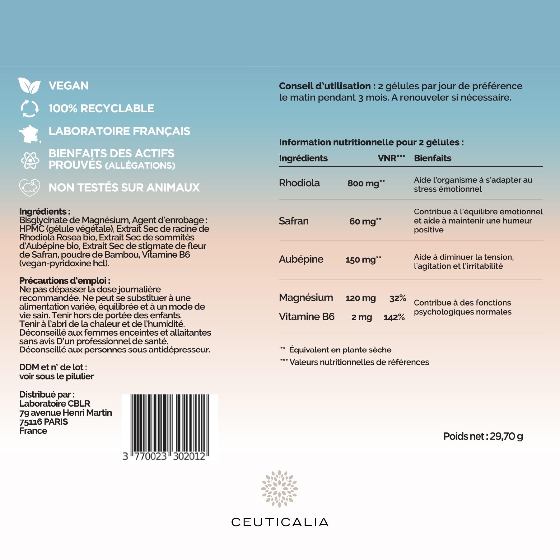Complément Alimentaire Stress et Humeur - Anti Stress et Anxiété, Favorise Bien Etre et Relaxation - Pour Adulte - Magnésium, Vitamine B6, Safran, Rhodiola, Aubépine - 180 Gélules, 90 Jours