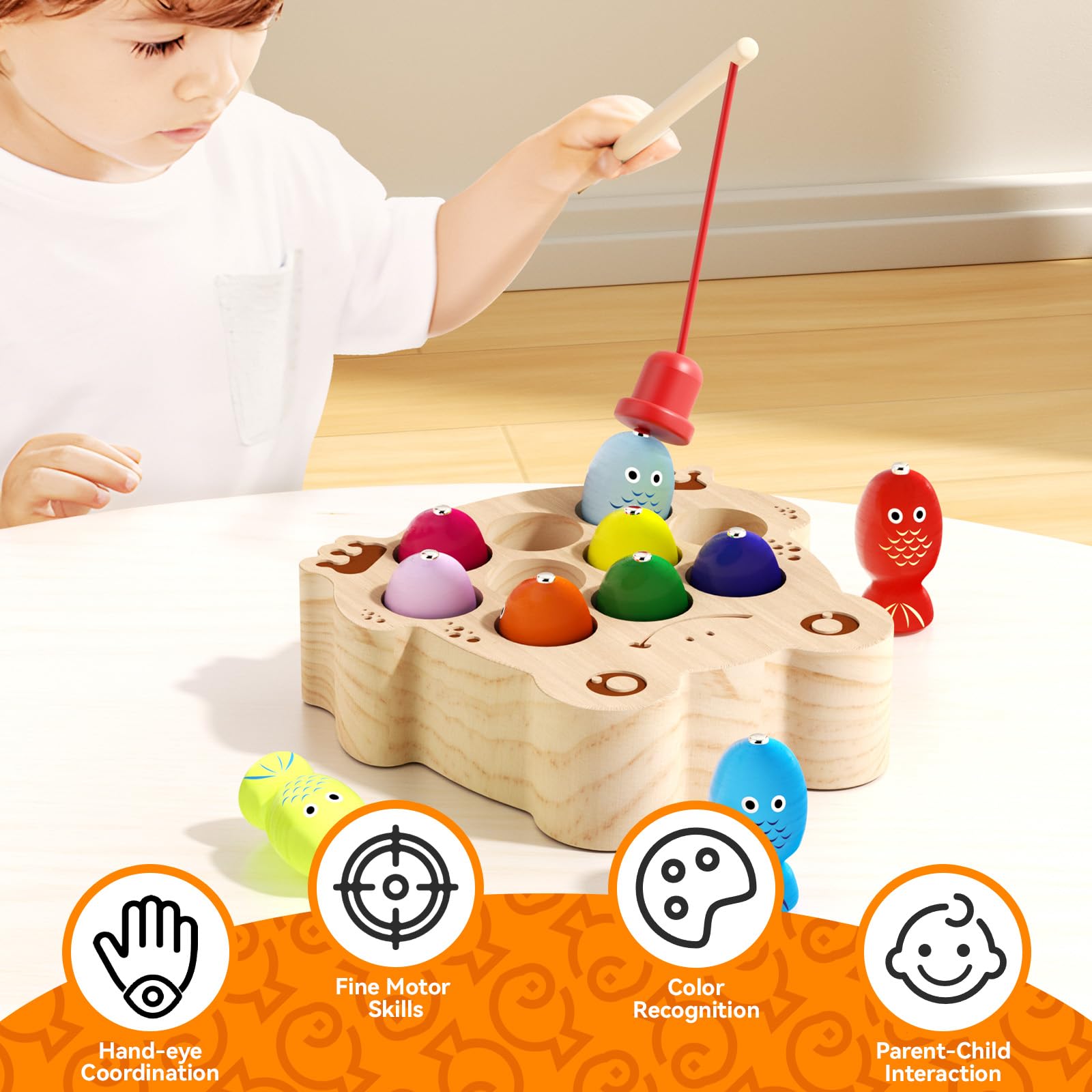 Cadeau Fille Garçon Jeu De Pêche Magnétique En Bois - Jouet Montessori 2-6 Ans - 10 Poissons + 2 Cannes - Apprentissage Couleurs Et Motricité Giochi Montessori 3 Anni