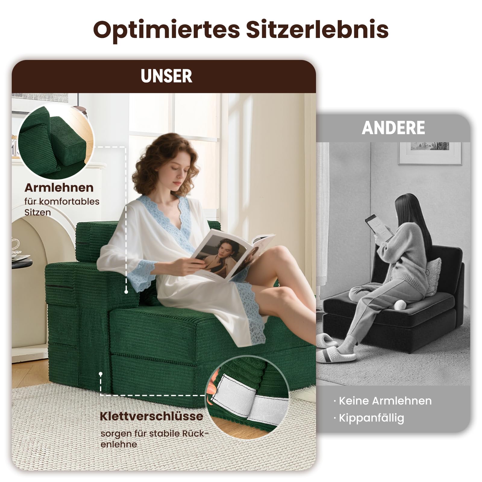 3-in-1 Schlafsofa 150 x 200 cm – Schlafsessel mit Bettfunktion, klappbares Bettsofa, Faltbare Schlafcouch mit integrierten Rückenkissen & separatem Kissen, waschbarer Bezug, Dunkelgrün