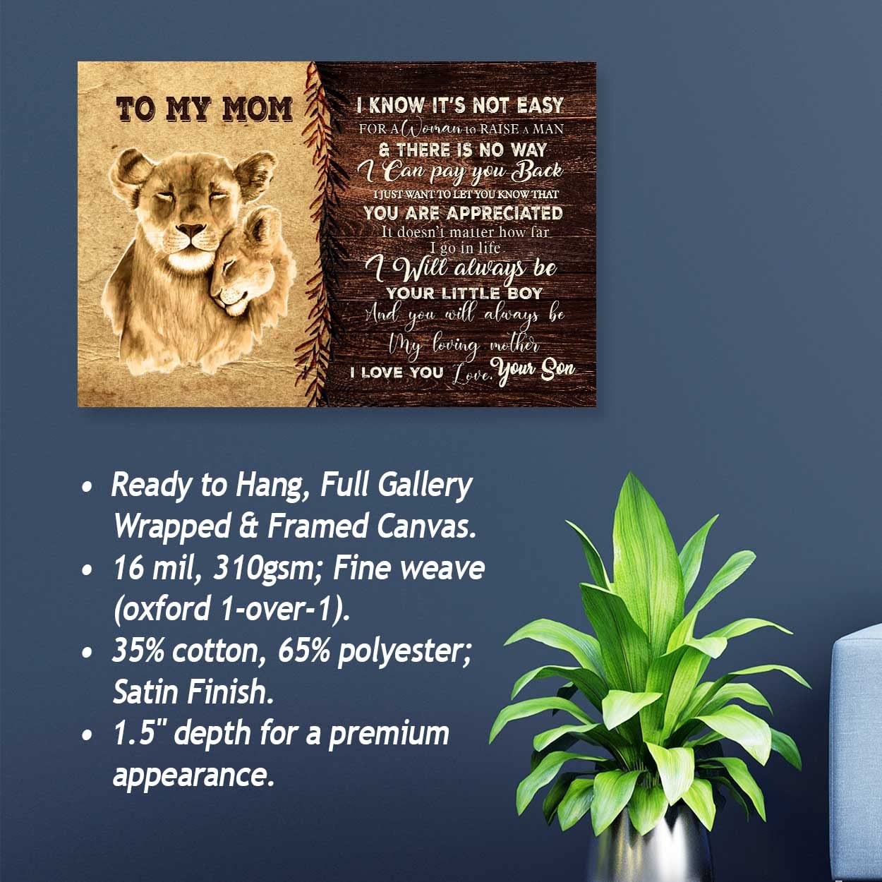 Kreativfy Custom Name to My Mom Wooden Frame Canvas for Mom, Gift for Mother's Day, Birthday, Thanksgiving from Son, I Will Always Be Your Little Boy Wall Art Décor for Bedroom, Living Room