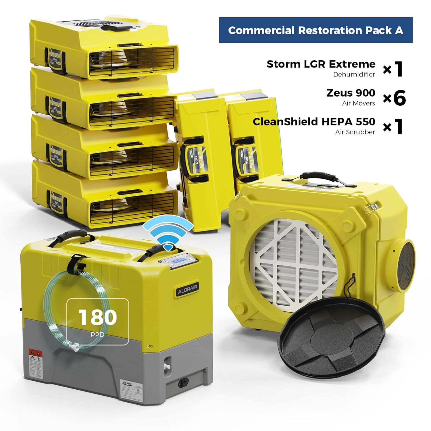 ALORAIR Water Damage Restoration Equipment Combo Pack,1 x WiFi Commercial Dehumidifier, 6 x Air Movers and 1 x Air Scrubber Combo Package Deals, Yellow