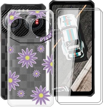 Clear Case for IIIF150 Air3s 6.60" with 2 x Tempered Glass Protective Film, Slim Shockproof Soft Silicone Cover, 360 Drop-Proof Phone Case for IIIF150 Air3s - Purple Flower
