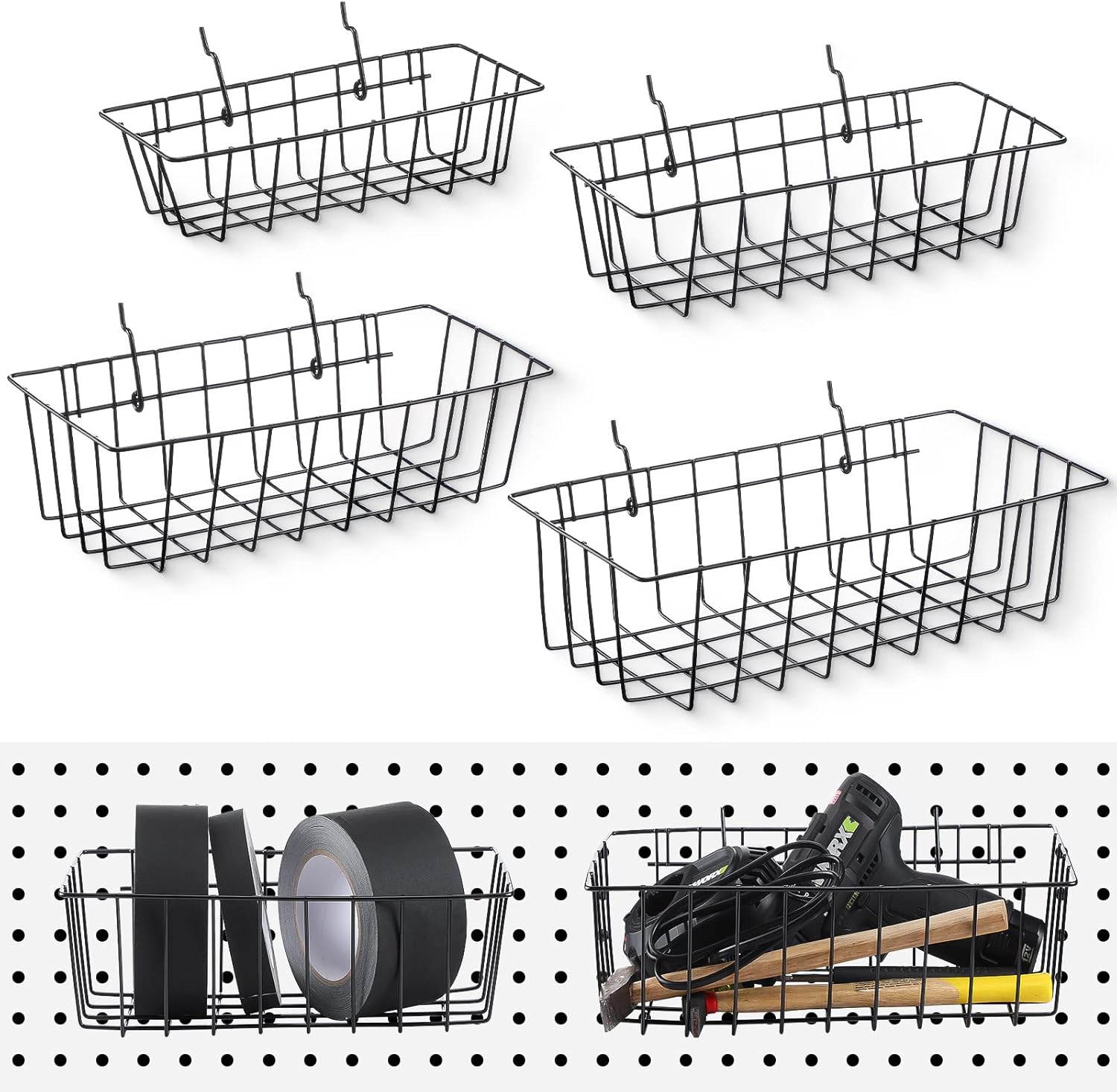 4 Pack Pegboard Baskets, 4 Sizes Black Metal Wire Pegboard