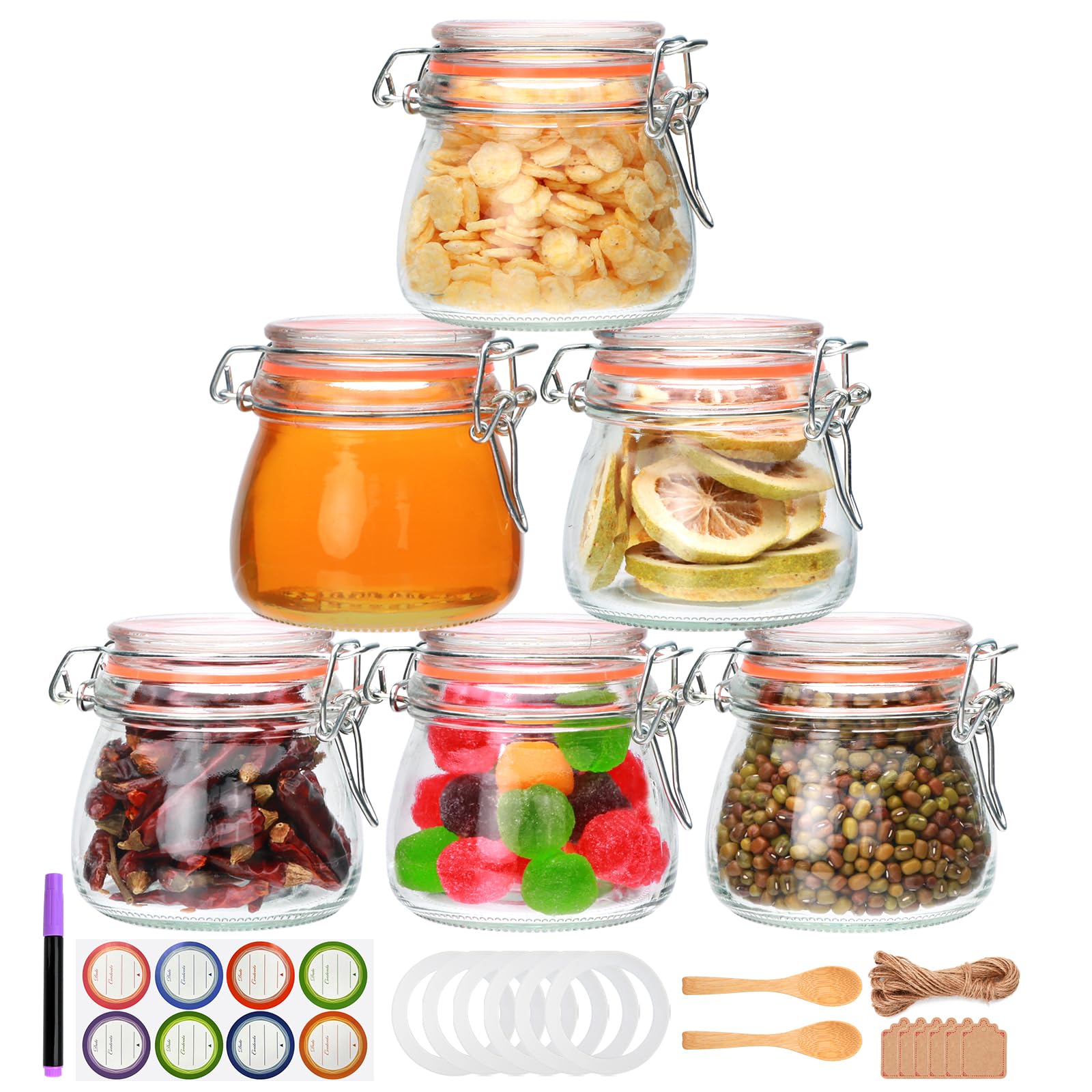 Confezione da 6 barattoli in vetro con coperchio ermetico, contenitori per alimenti in vetro con coperchi, barattoli di vetro, chiusura a clip per cereali, farina, biscotti, spezie, miele