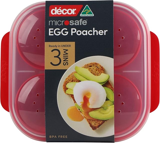 Décor Microwave Egg Poacher for 4, food grade plastic microwave egg cooker is non-stick, easy to clean & made from a BPA-Free plastic. Makes perfect poached eggs with steam, red, 4 egg tray