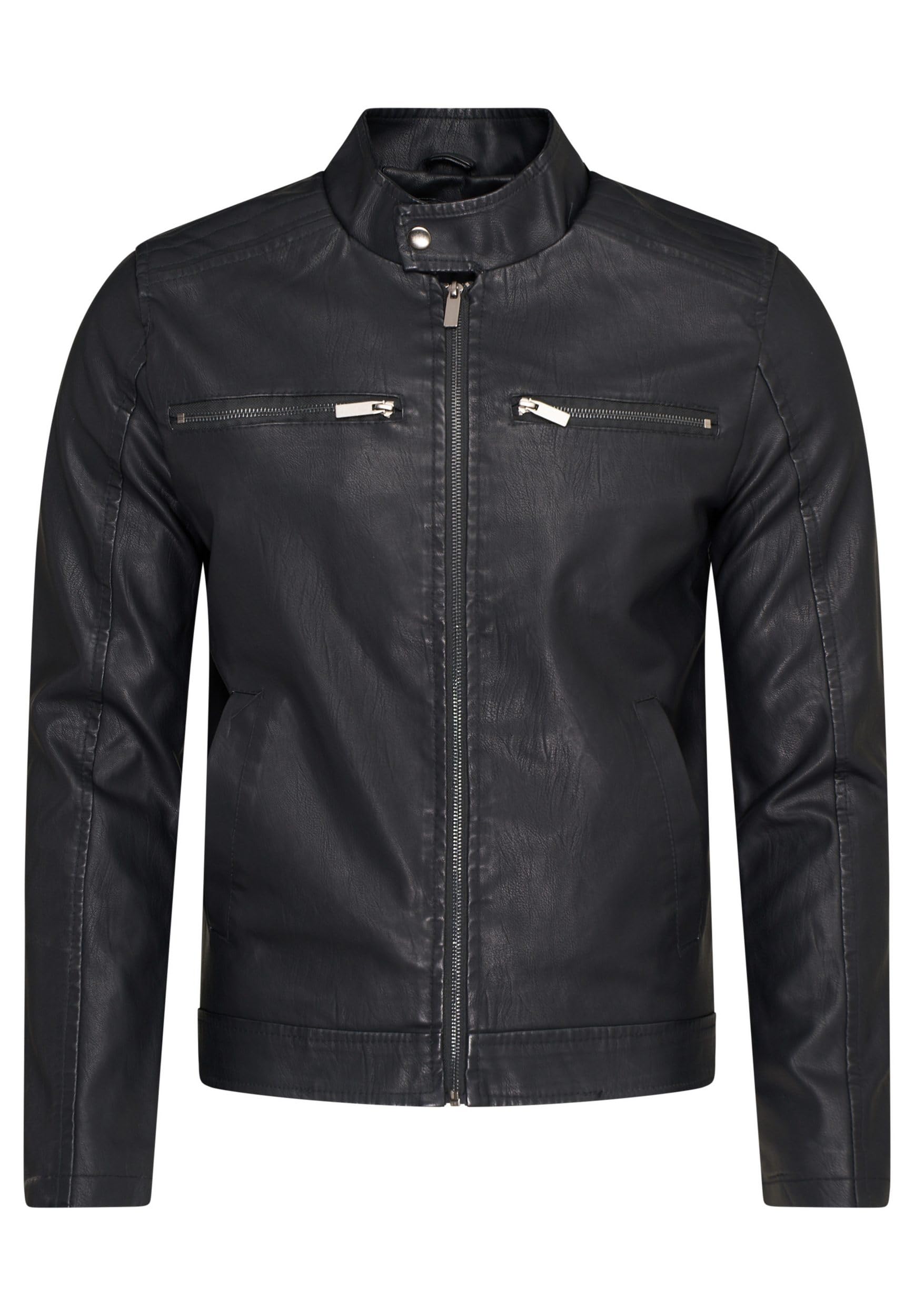 Soulstar Herren Kunstlederjacke Leichte Übergangsjacke Biker-Jacke Freizeitjacke Jacket Schwarz Black