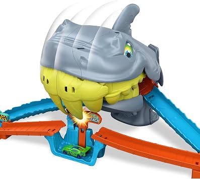 Köpek balığını yendiğiniz veya ona yem olduğunuz Hot Wheels City oyuncak araba ve pist seti, Köpek Balığı Sahilde oyun seti, 1:64 ölçekli metal araba, 2 farklı oyun modu, JHL96
