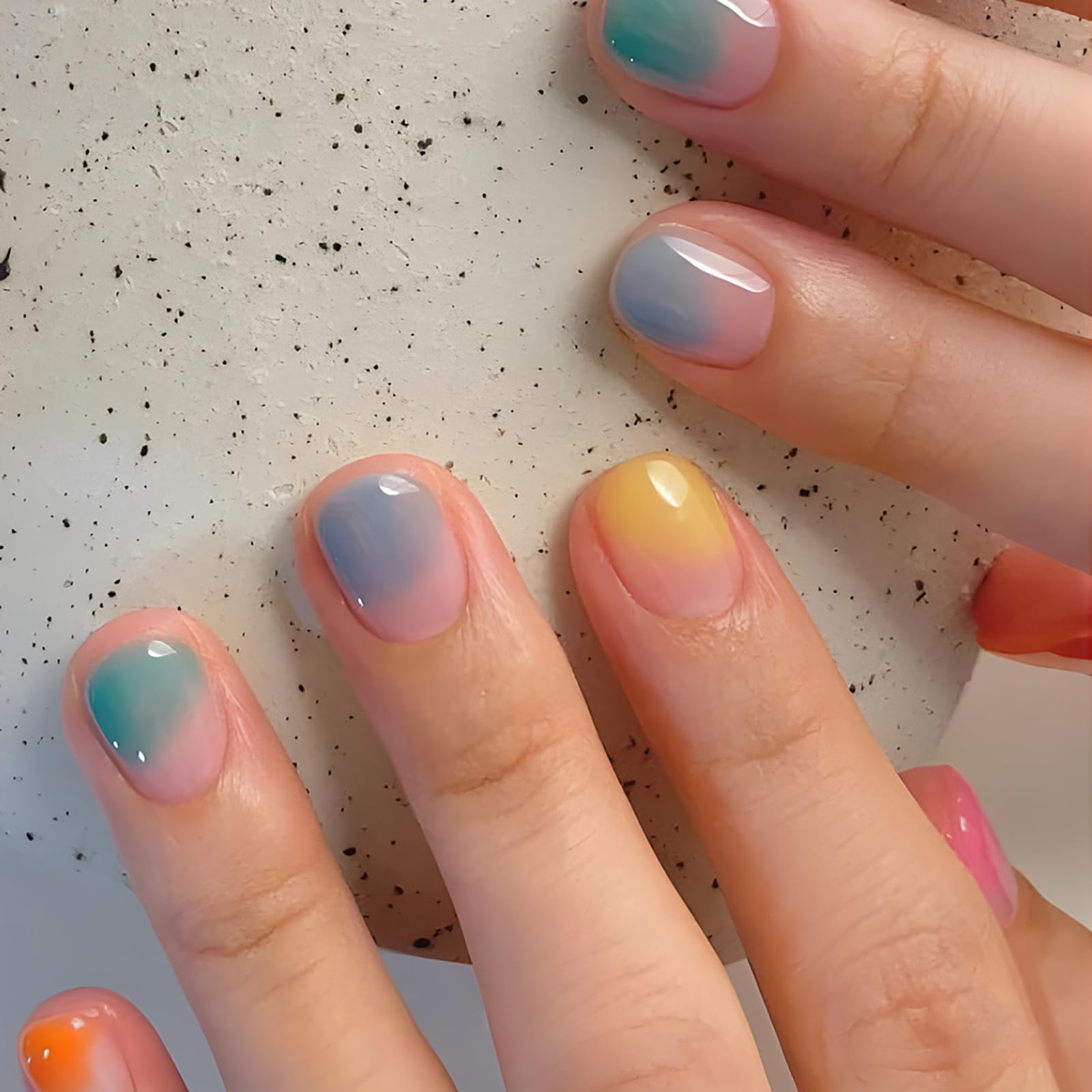 Press on Nails Short Square Petite Fake Nails Orange Green Blue Gradient False Nails with Designs Glossy Glue on Nails Full Cover Summer Colorful