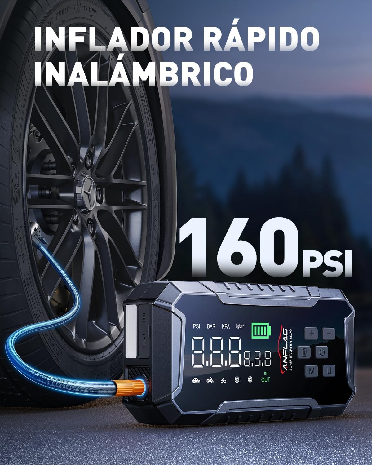 Arrancador de Baterias de Coche con Compresor de Air,ANFLAG 8000A 160PSI Arrancador(para All Gas/12L Diésel/Híbrido),26800mAh 12V Jump Starter con Clips de Seguridad Inteligentes/Martillo de seguridad