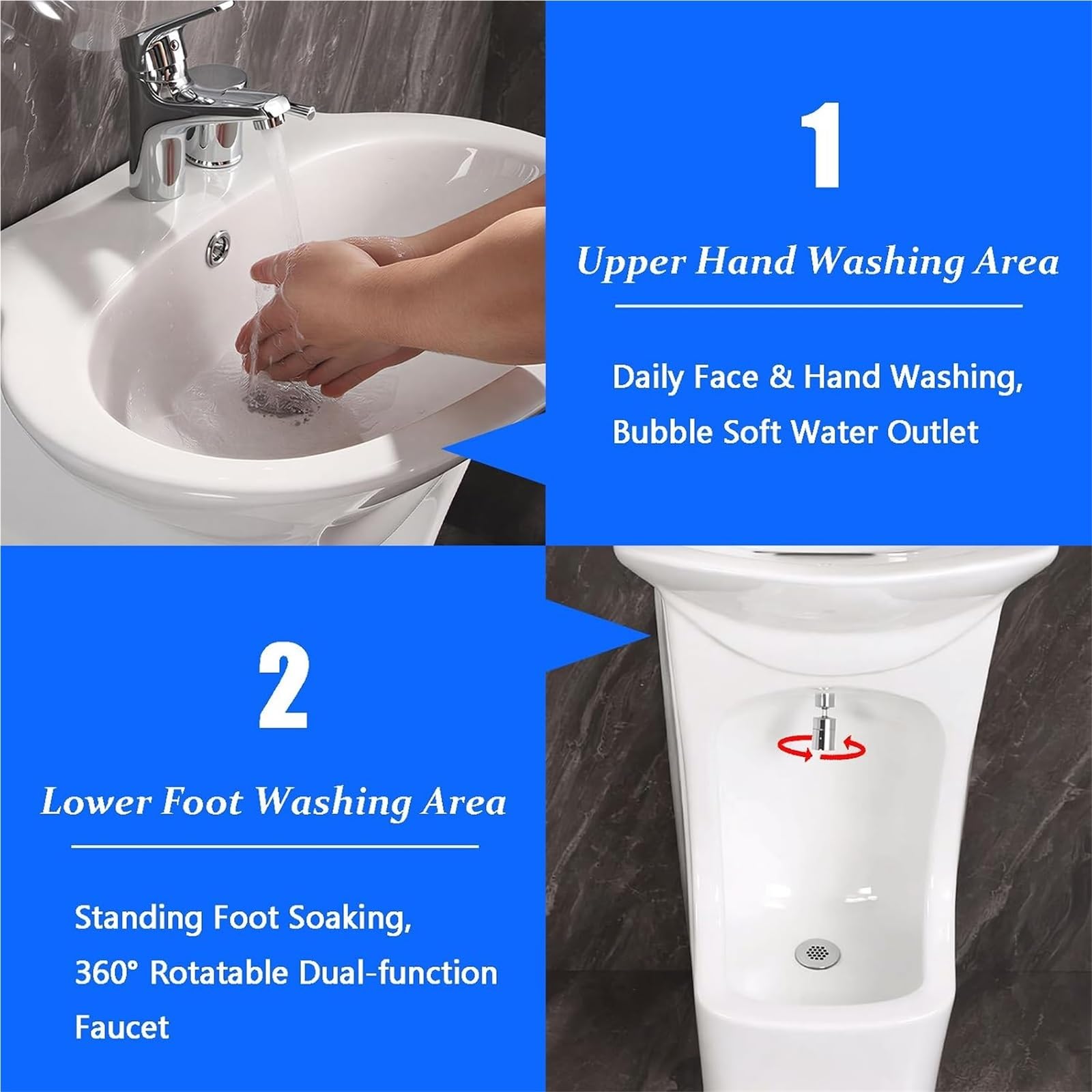2-in-1-Waschbecken aus Keramik für muslimische Haushalte, Gesichts & Fußbad | 360° verstellbarer Wasserhahn für Hand, Gesichts und Fußwaschung, integriertes vertikales Design, für Zuhause, Badezimmer