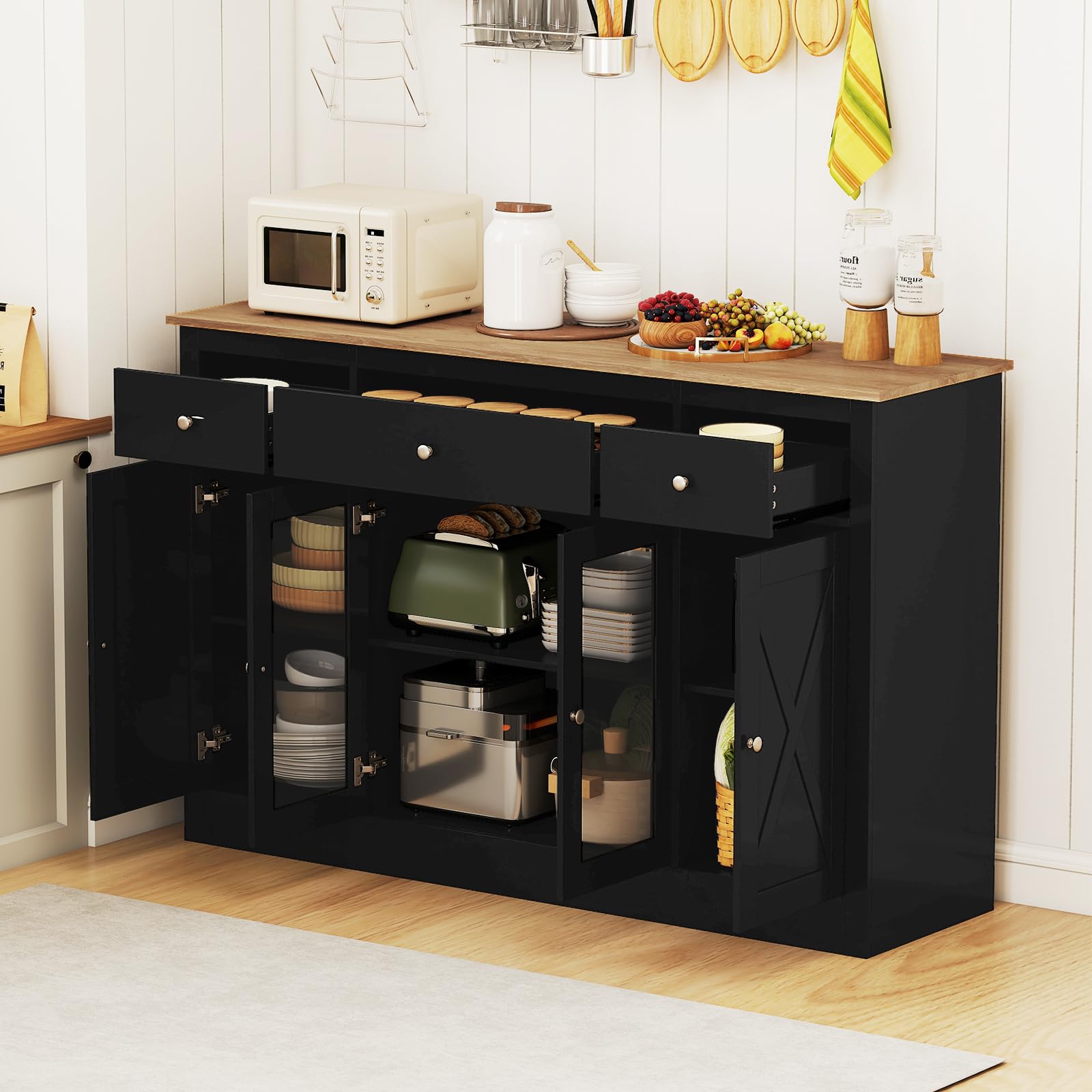 GIANTEX Buffet Salle a Manger avec Tiroirs, Buffet Cuisine avec Plateau Large, 2 Portes Transparente, Étagères Réglables, Meuble de Rangement pour Salle à Manger, Salon, 140 x 40 x 90 cm, Noir