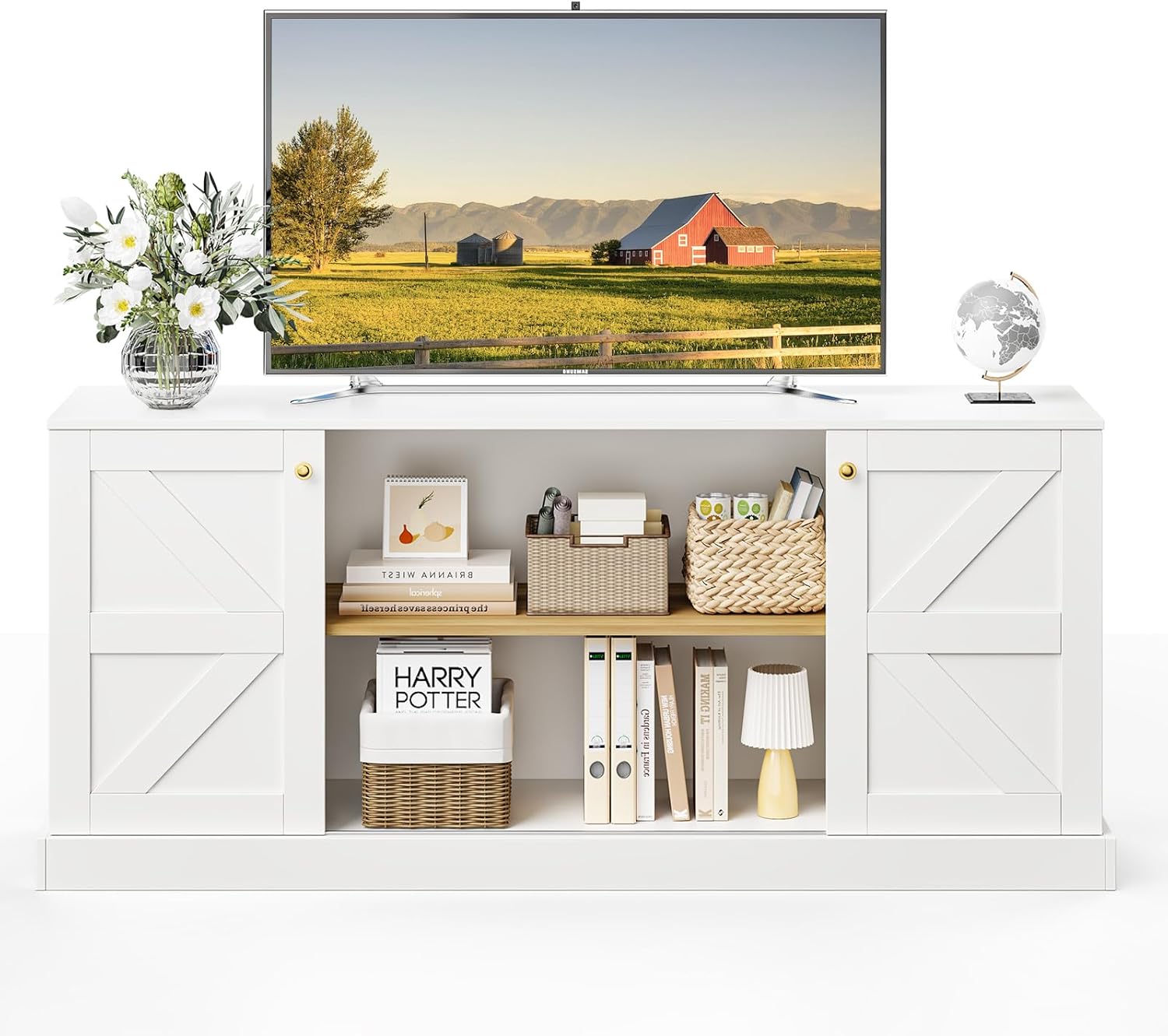 3-Piece Farmhouse Entertainment Center Set with Sliding & Glass Doors, Includes 61.8" TV Console and 71" Tall Bookcases, Adjustable Shelves, White Living Room Furniture
