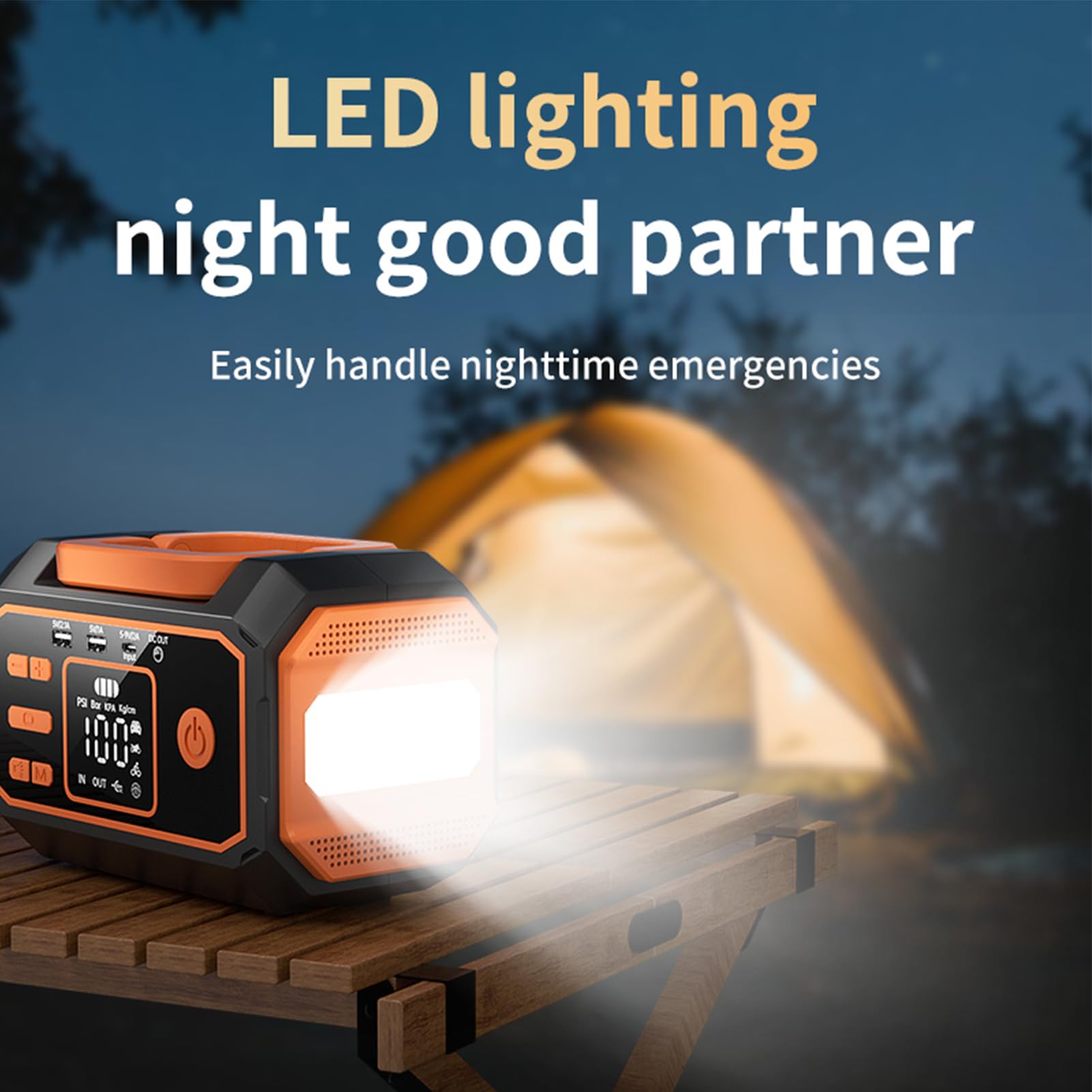 Compresor de Aire Portátil, Arrancador de Batería de Coche de 10000 MAh con Fuente de Alimentación de Emergencia e Iluminación LED, para Neumáticos de Coche, Motocicleta, (Orange)