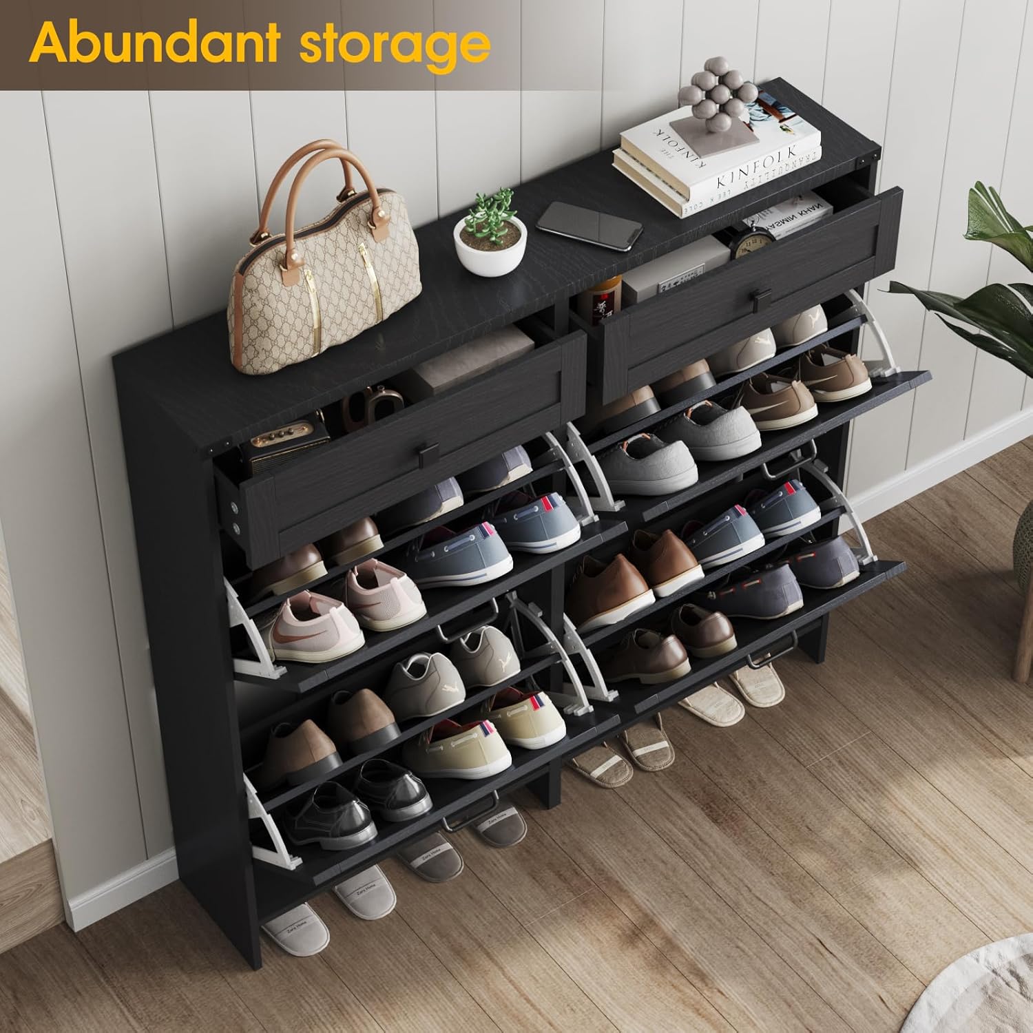 Halitaa Shoe Cabinet with multiple shoes stored in its flip drawers, demonstrating abundant storage.