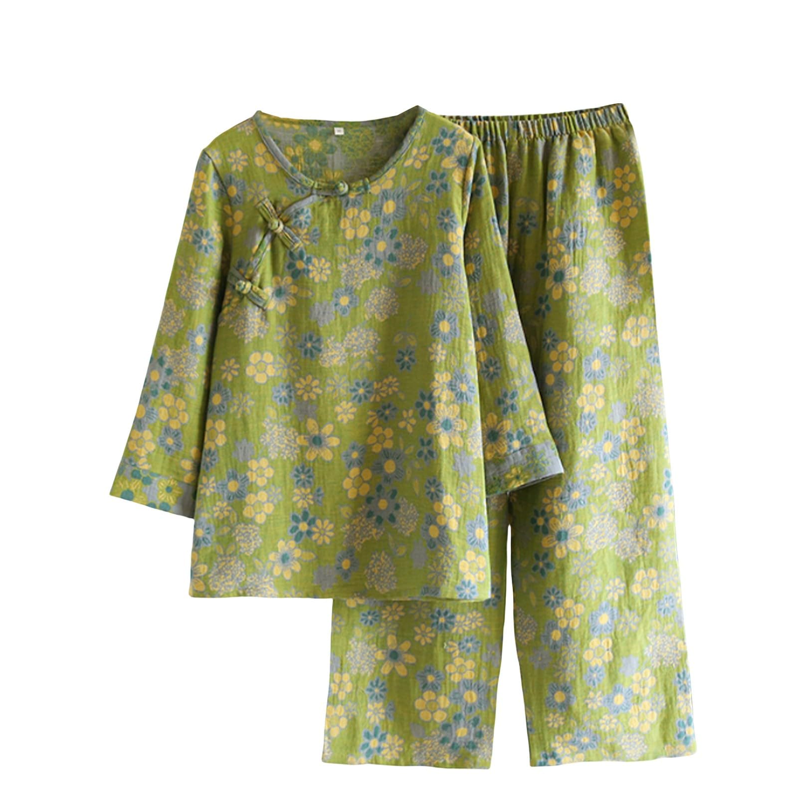 Pigiama cinese da donna verde pigiama da donna jacquard retrò loungewear confortevole pigiama fantasia Pan fibbia pigiameria due pezzi vestito obliquo collare pigiama manica lunga casual abbigliamento