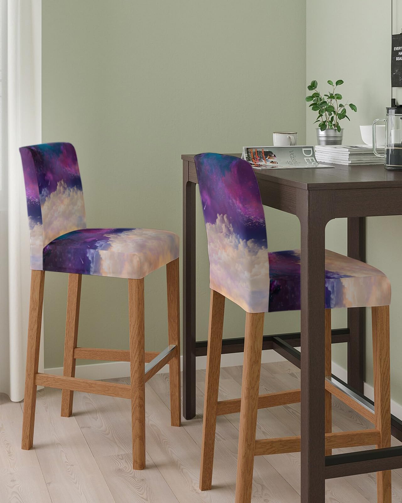 Starry Sky Bar Stool Cover Set of 4, Stretch Removable Bar Stool Chair Covers with Backs Pub Counter Stool Chair Slipcover for Dining Room Cafe Ombre Purple Cloud Sea