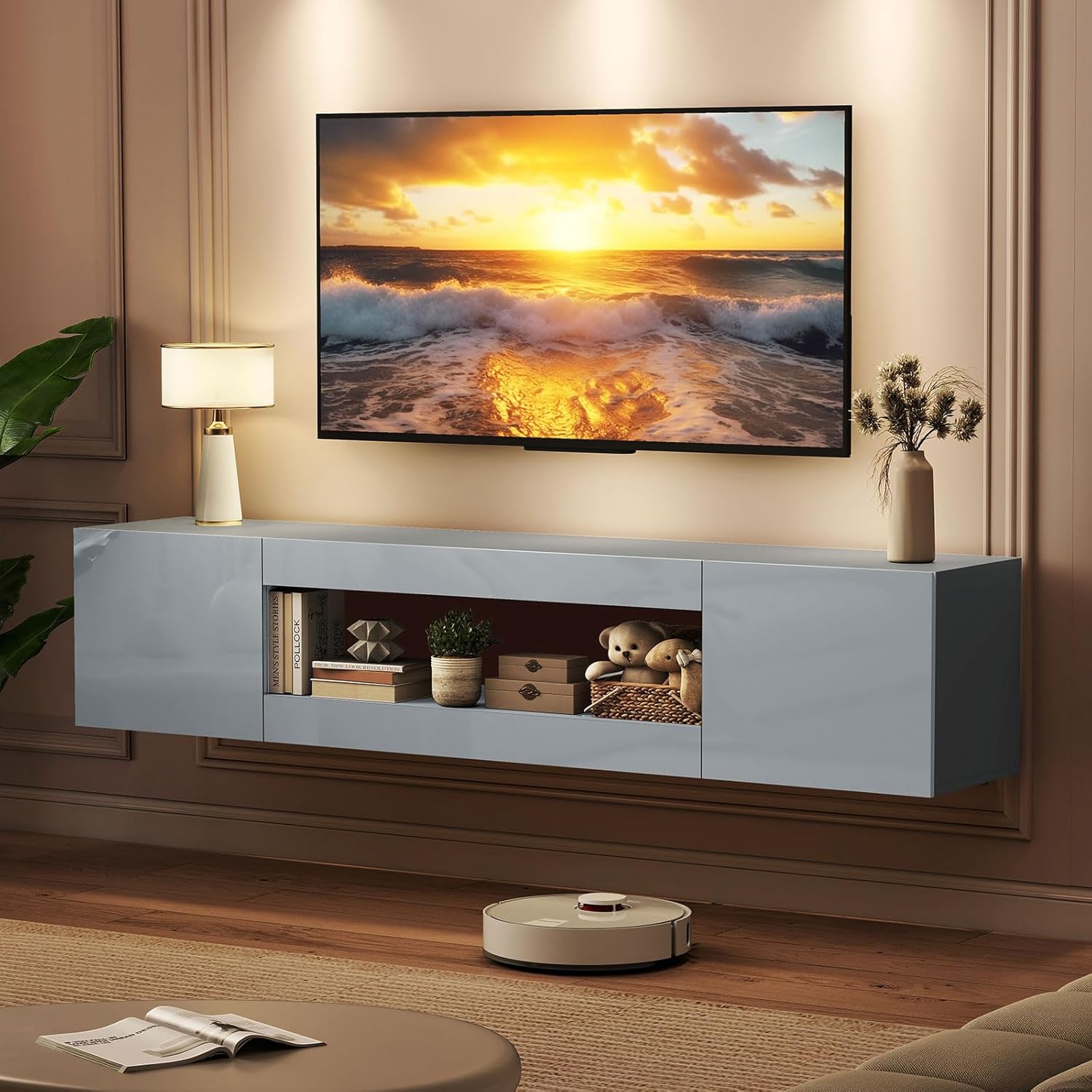 BREEZEHEAT 70'' Floating TV Stand, Wall Mounted TV Cabinet, High Glossy Entertainment Center-Modern Media Console Fits 65-80 Inches TV for Living Room/Bedroom, Remote Control,Grey