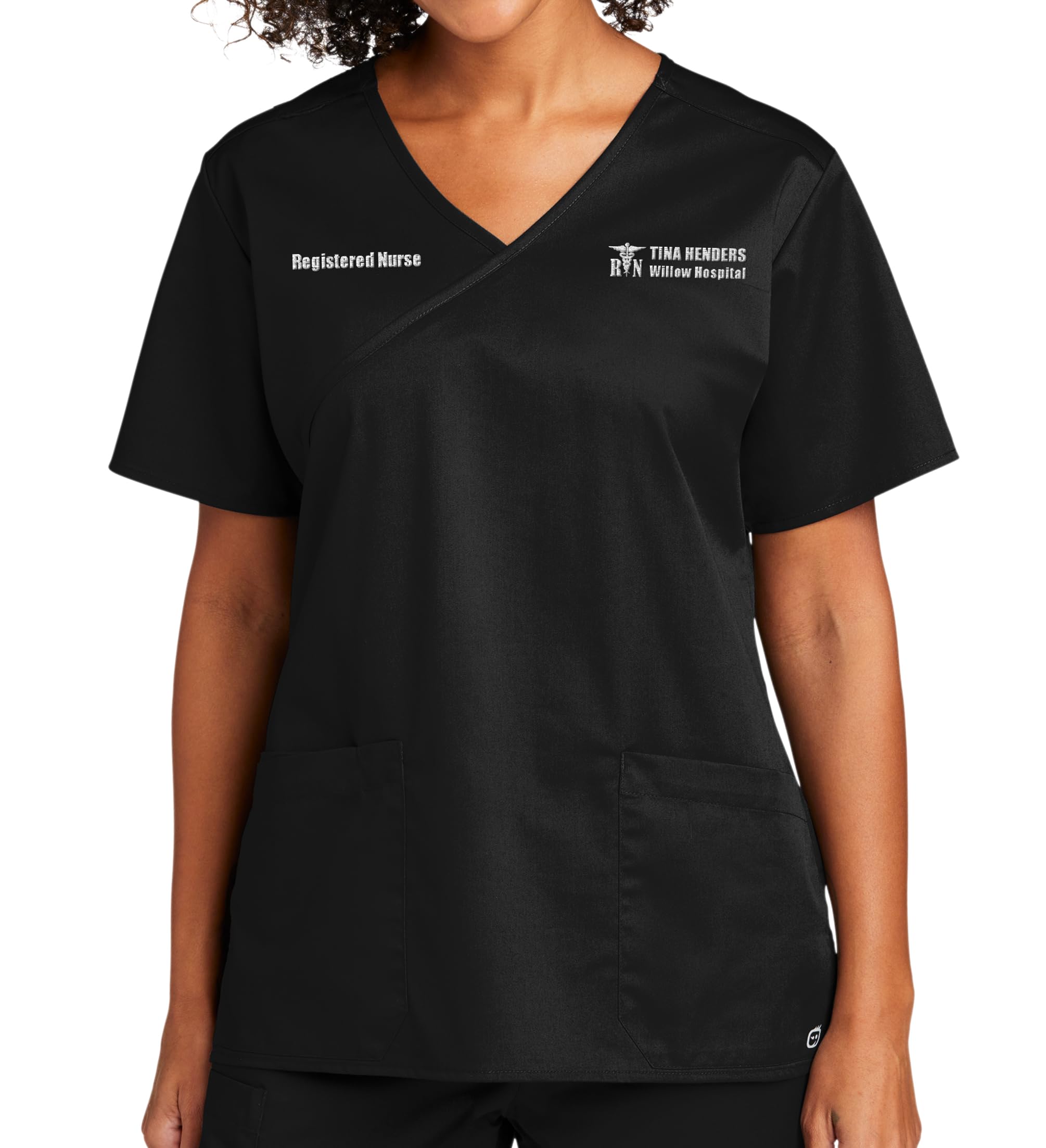 TEEAMORE Custom Emroidered Scrub Top Add Your Embroidery Name Text Women's Workflex Medical Mock Wrap Top Black