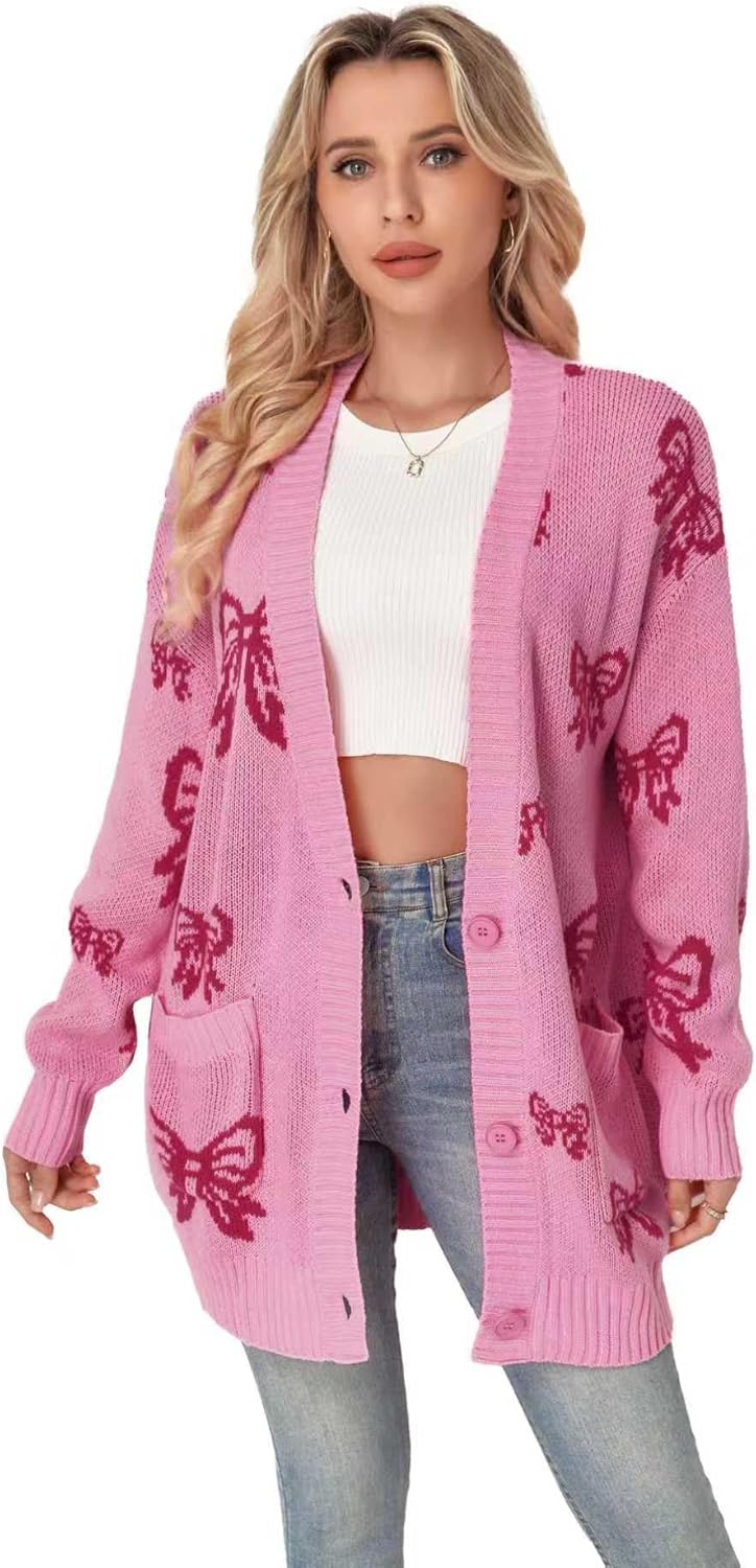 Women's Button Down Open Front Cardigan Knit Sweaters with Pockets Star Bow Print
