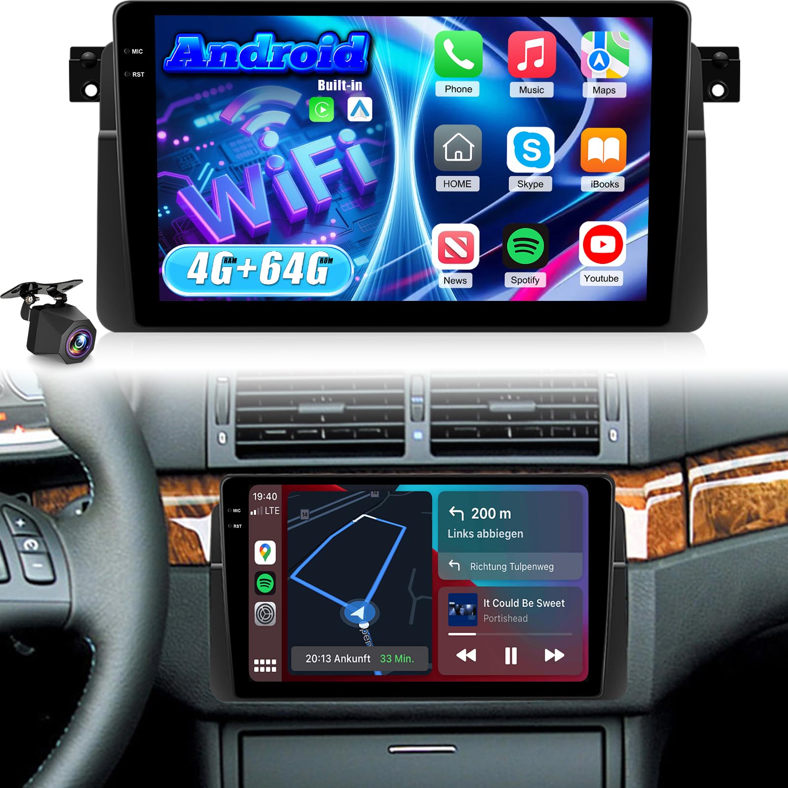 Photo 1 of [4+64G] NHOPEEW Car Radio for BMW 3 Series E46 1999-2005 with Wireless Carplay and Android Auto - 9 Inch Touchscreen Android Car Stereo - GPS / WiFi / EQ Audio / SWC / Mirror Link + AHD Backup Camera