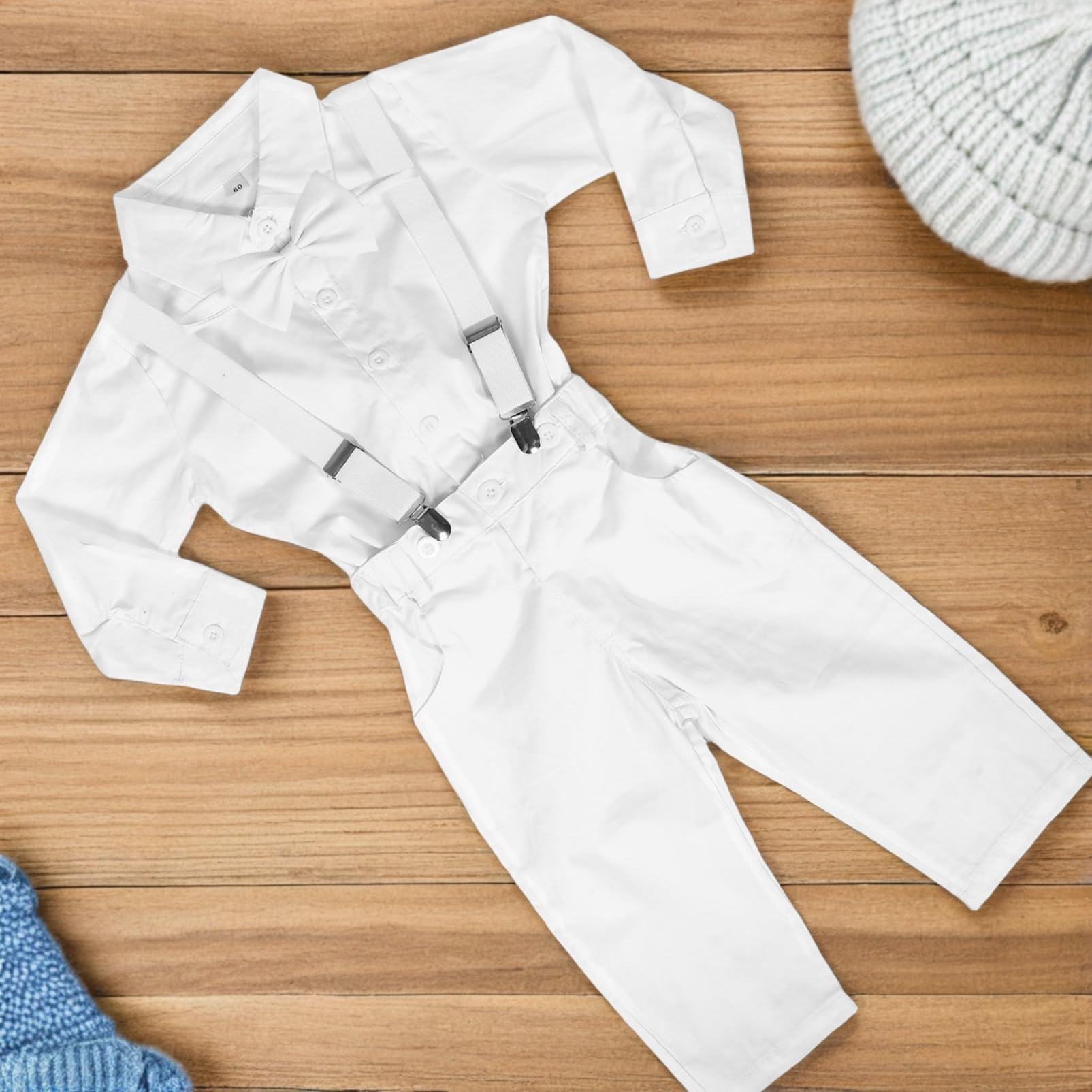 Traje de Niño Recién Nacido 80cm Algodón Conjunto Formal Blanco | Camisa, Pantalón y Accesorios Incluidos, para Ceremonia y Ocasiones Elegantes, Tallas con Contorno 57/64/46cm