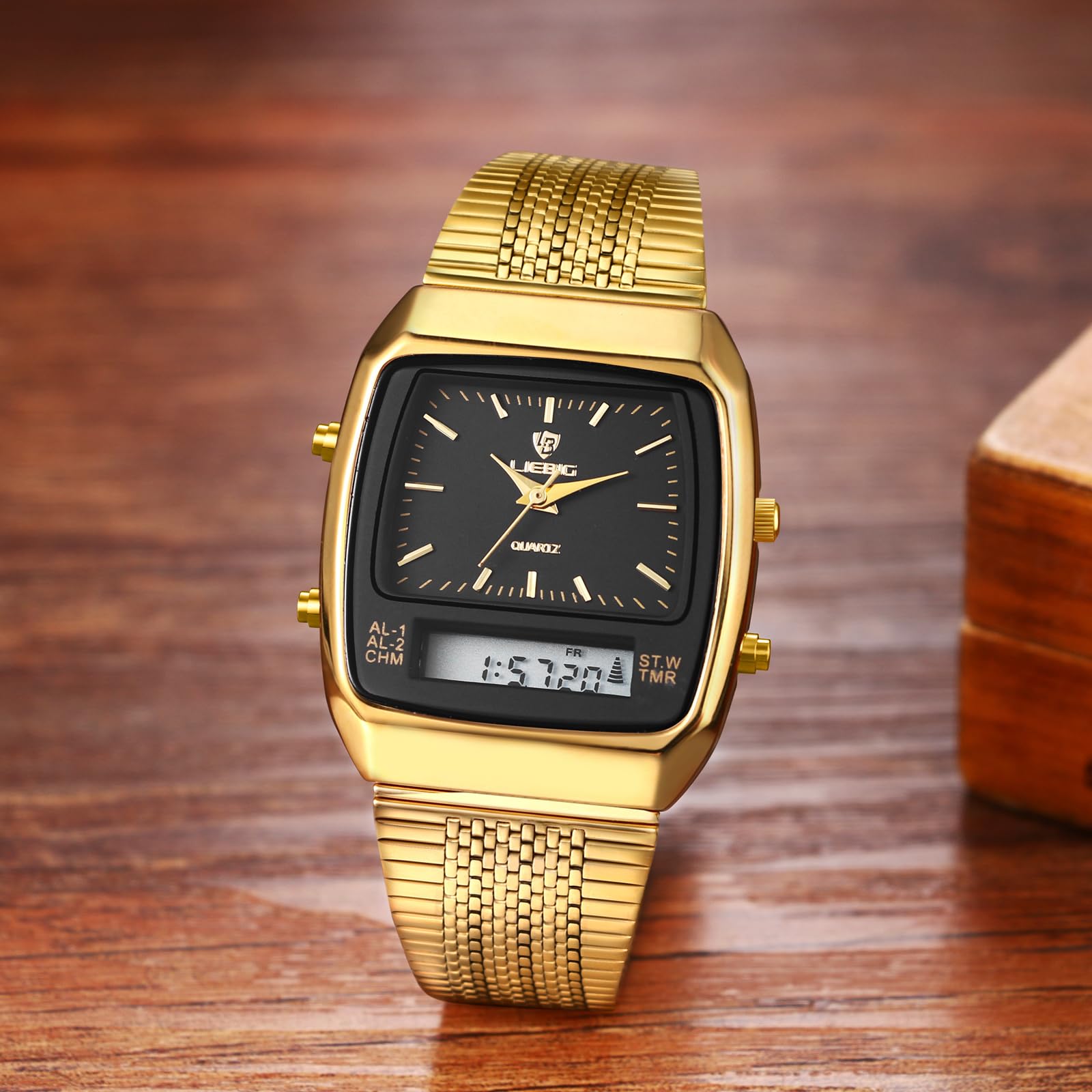 JewelryWe Zegarek męski cyfrowy kwarcowy: 2 szt. 30 m wodoszczelny analogowy zegarek na rękę zegarek cyfrowy męski złoty stal szlachetna bransoletka chronograf zegarek z prostokątnym cyferblatem,