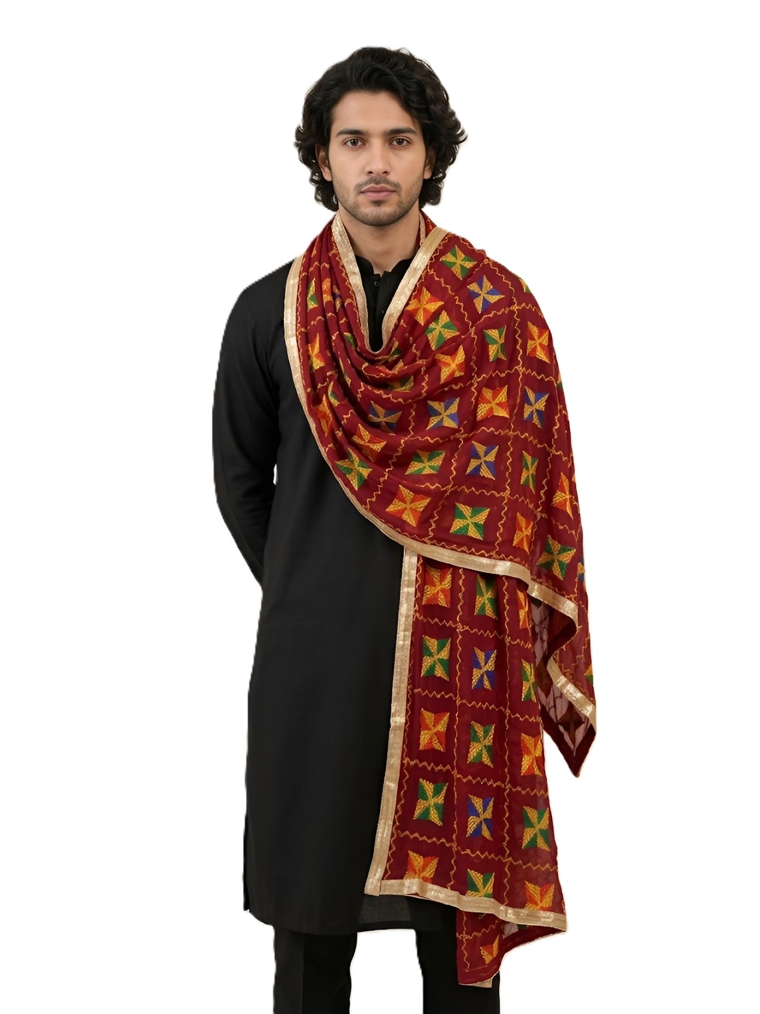 Men Ethnic Phulkari Embroidered Chinon Dupatta with Golden Tape Border-image-39