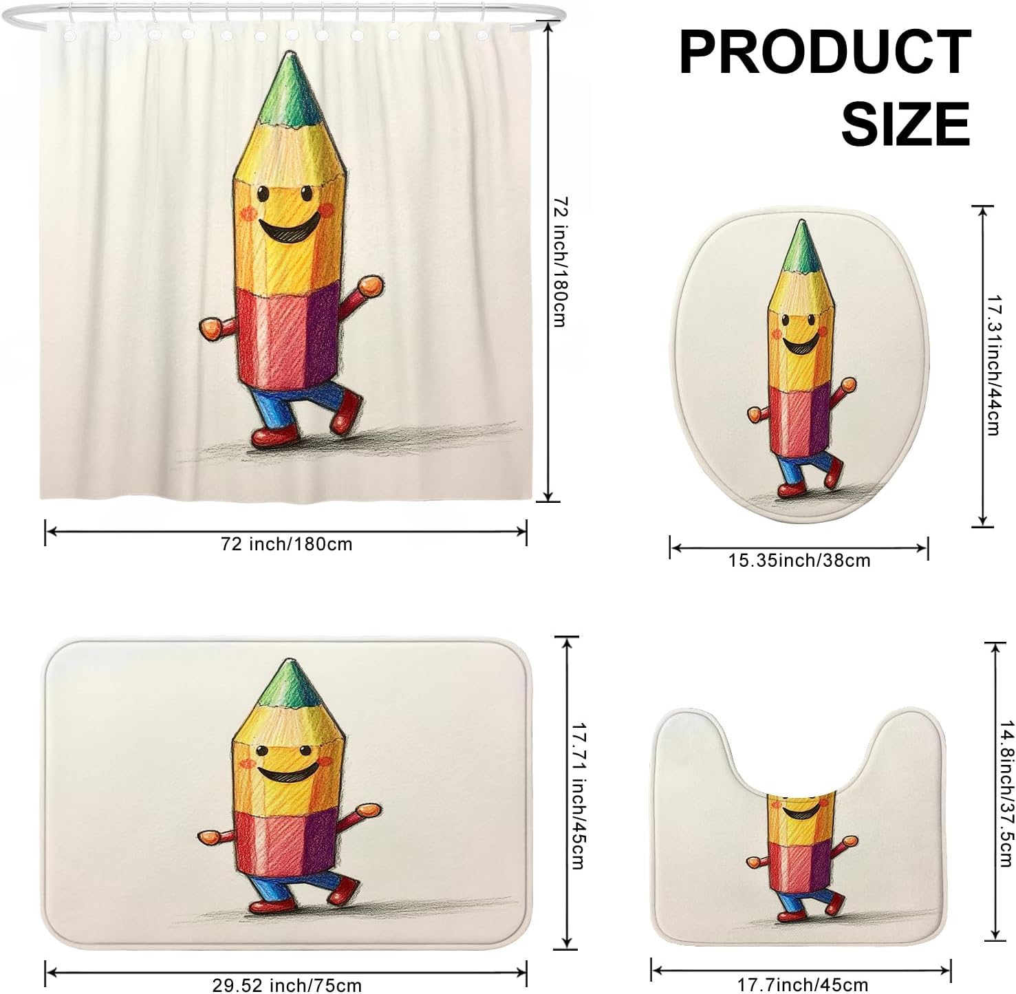 4PCS Cute Cartoon Pencil Bathroom Accessory Sets with Non-Slip Rug, U Shape and Toilet Lid Cover Mat, Funny Kid Bathroom Fabric Decor-72''x72''