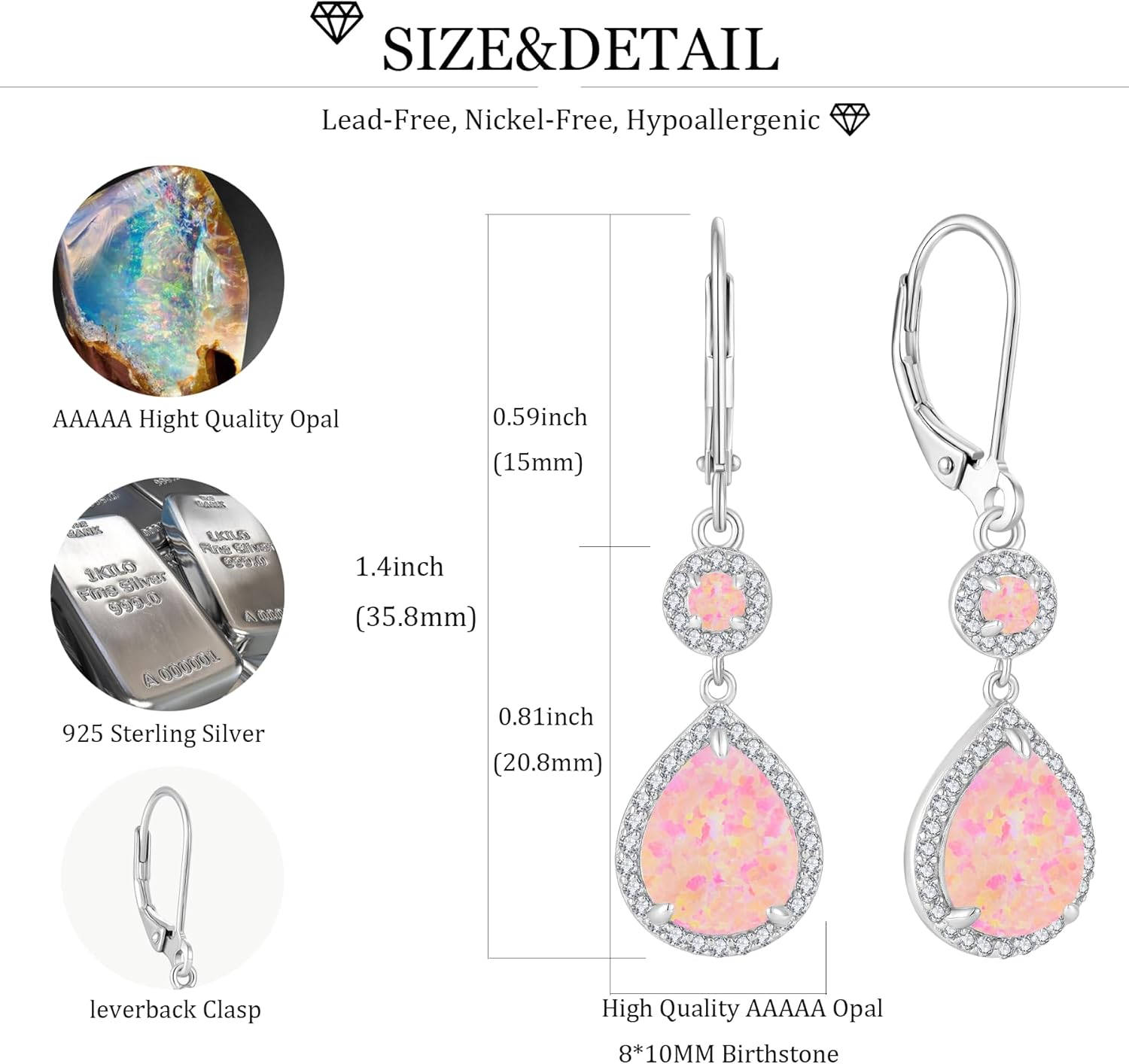 Opal Earrings for Women 925 Sterling Silver Infinity/Heart Opal Dangle Drop Leverback Earrings Hypoallergenic Jewelry for Women - Image 4