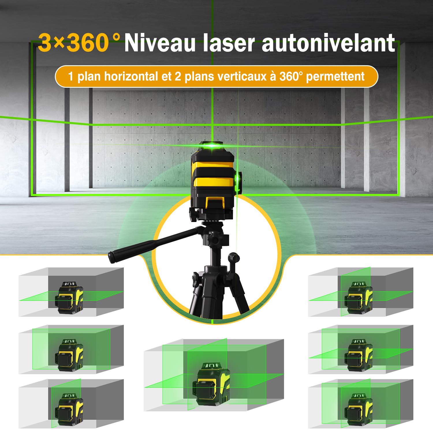 Niveau Laser mit répied，3x360°Laser Chantier Autonivelant vert 3D,rotatif avec 59.9inch trepied Réglable, 5200mAh Batterie Rechargeable