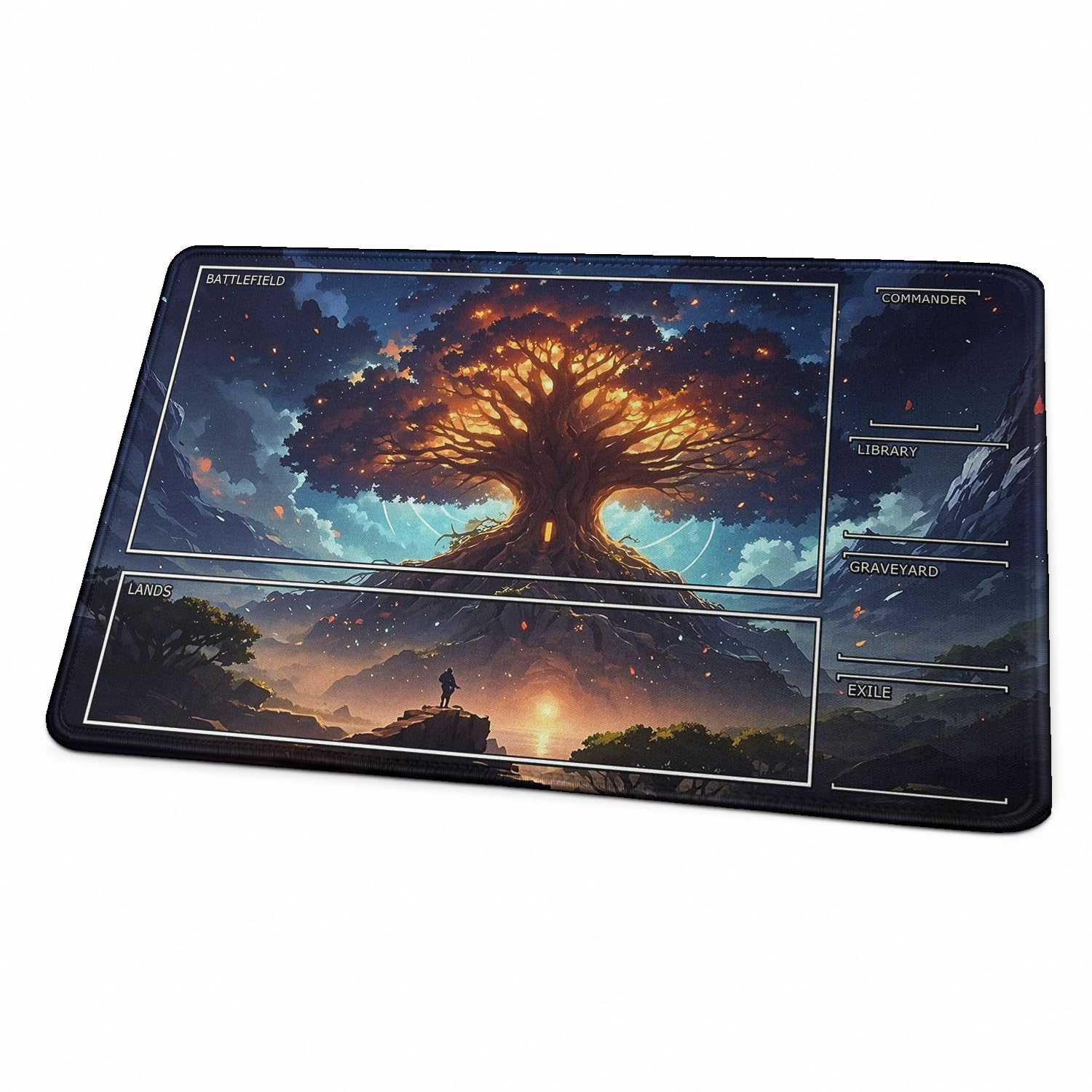 MTG Playmat, Fantasy Forest Landscape TCG Game Mat with Zones, 24 x 14 Inch HD Dense Fine Weave Surface, Non‑Slip Rubber Backing With Storage Bag for Card Games (Luminous Trees With Zones)