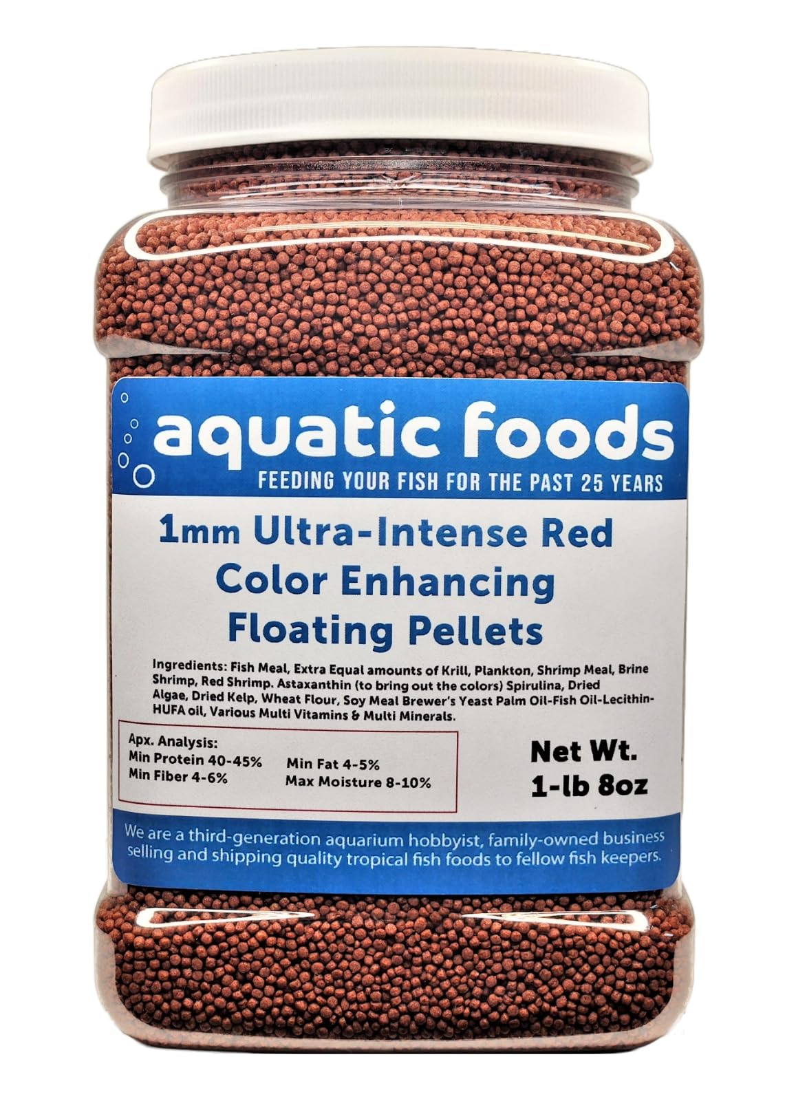 1-mm Ultra-Intense RED Color Enhancing in 7-10 Days Floating Pellets for Baby Discus, Cichlids, Marine Fish, Community Fish, All Tropical and Pond Fish…1-lb 8oz Med Jar