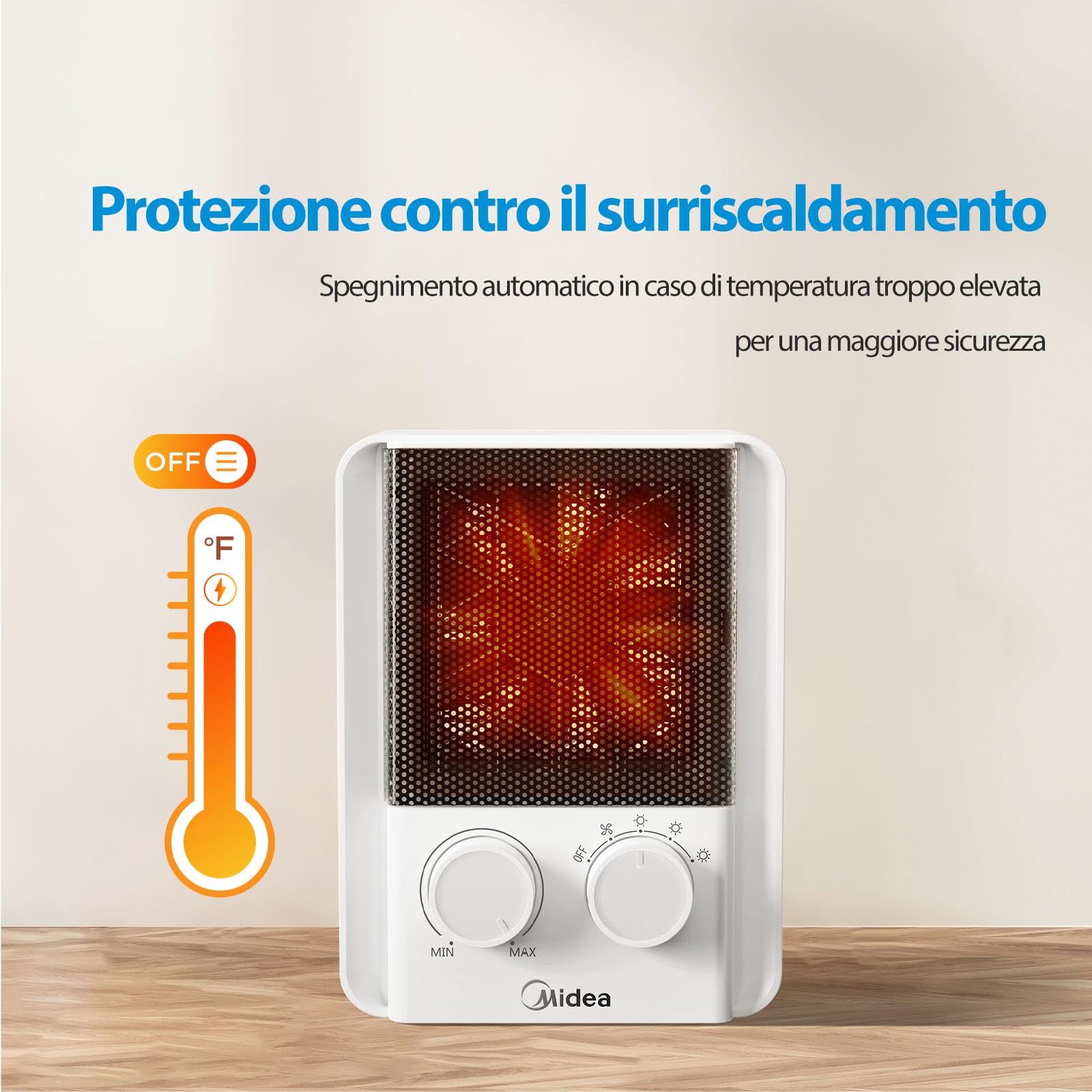 Midea NT20-22E Termoventilatore Verticale, 3 Livelli di potenza, 2000 W, Stufetta Elettrica Basso Consumo, Ceramica Silenzioso, Protezione Antigoccia, Termostato Ambiente, Bianco