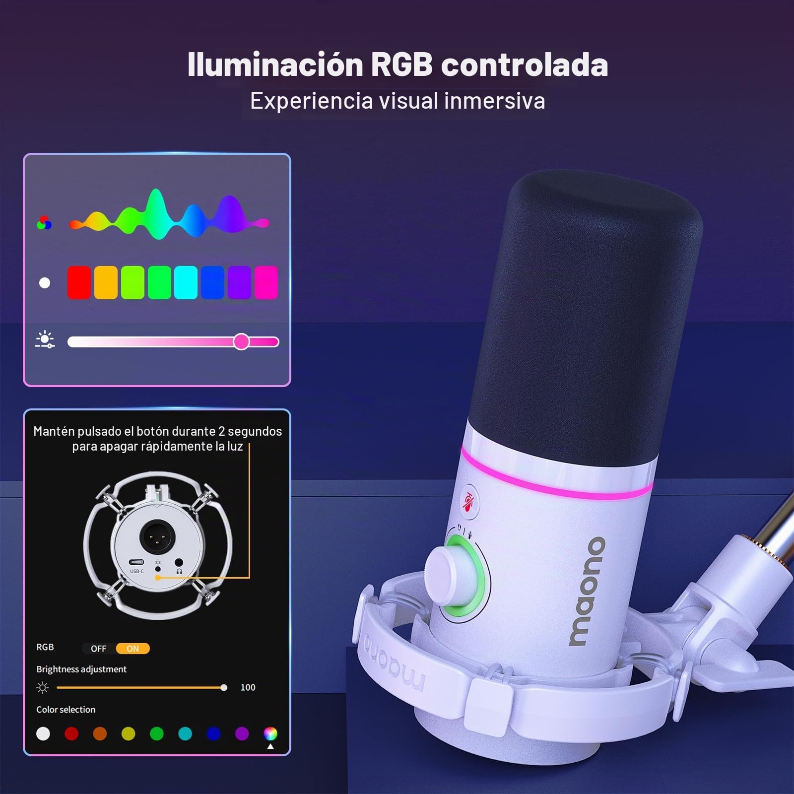 MAONO Kit de Micrófono Dinámico XLR/USB para PC, Micrófono para Podcast con Brazo, Software, Silencio, Botón de Ganancia, Control de Volumen, Micrófono para Streaming, Gaming, PS4/PS5, Doblaje