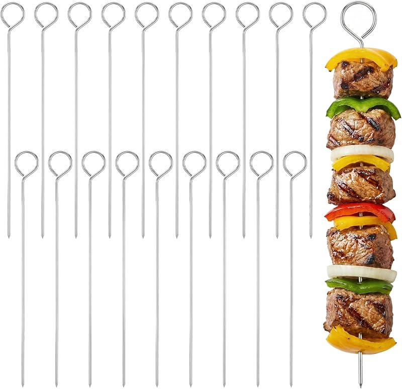 20 Pcs Metal Grill Skewers, 8 Inch Stainless Steel Kabob Skewers for Grilling, Reusable Kebab Skewer Metal BBQ Skewer for Kabobs Barbeque Chicken Fruit Vegetable Camping