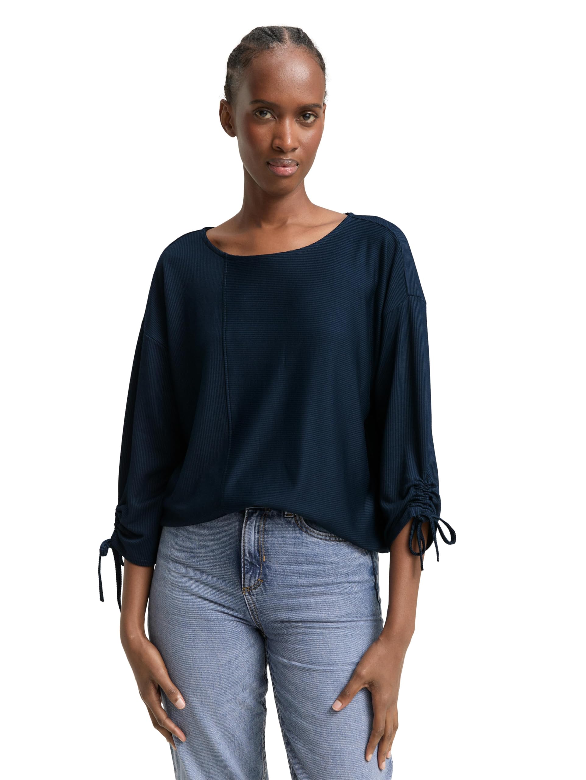 TOM TAILOR Denim Damen Loose Fit Longsleeve mit Streifen & Raffarm