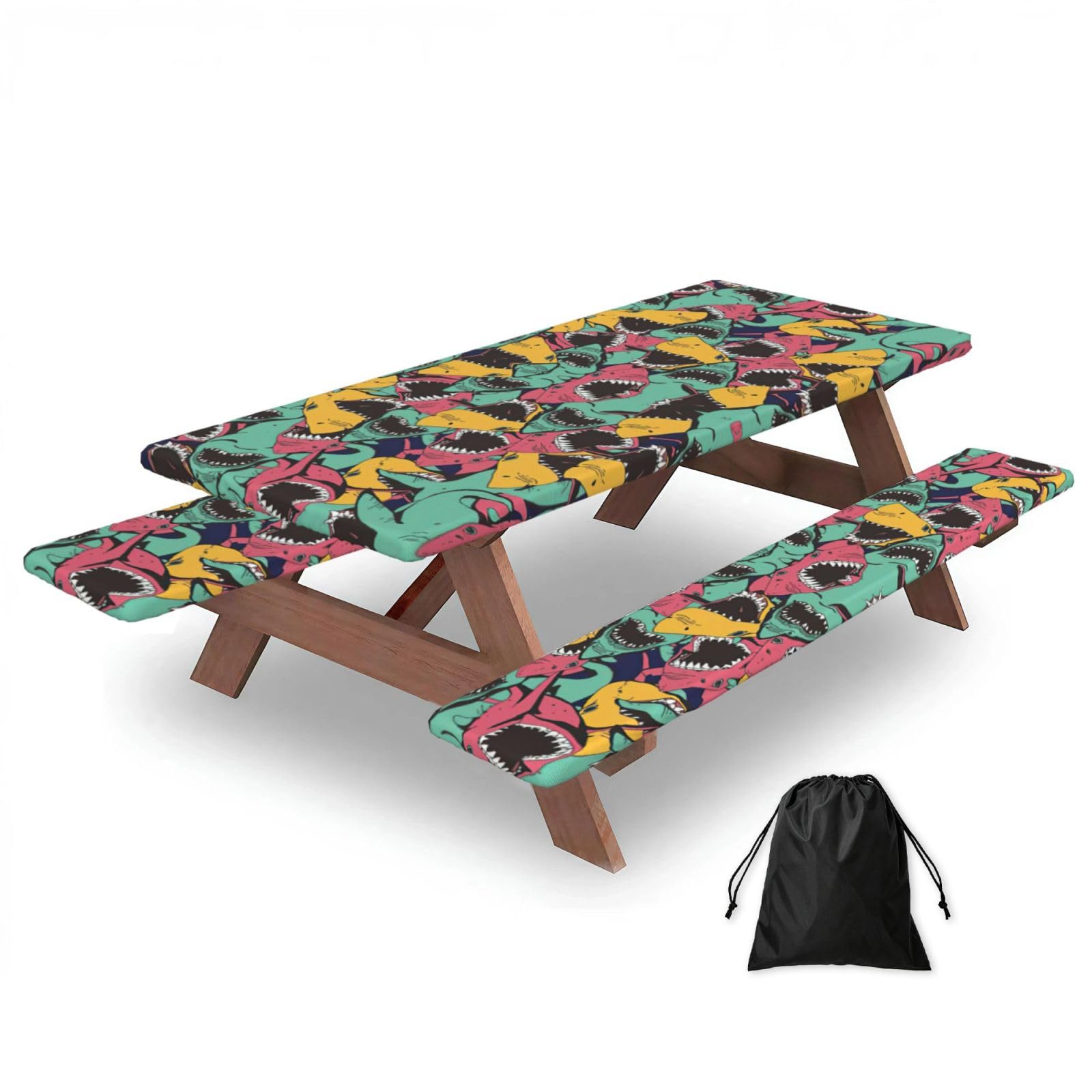 Zyjhyy Black Shark Pattern Print Party Table Covers With Bench Covers Set Of 3 Picnic Table Cloth Wipe Clean For Garden Camping
