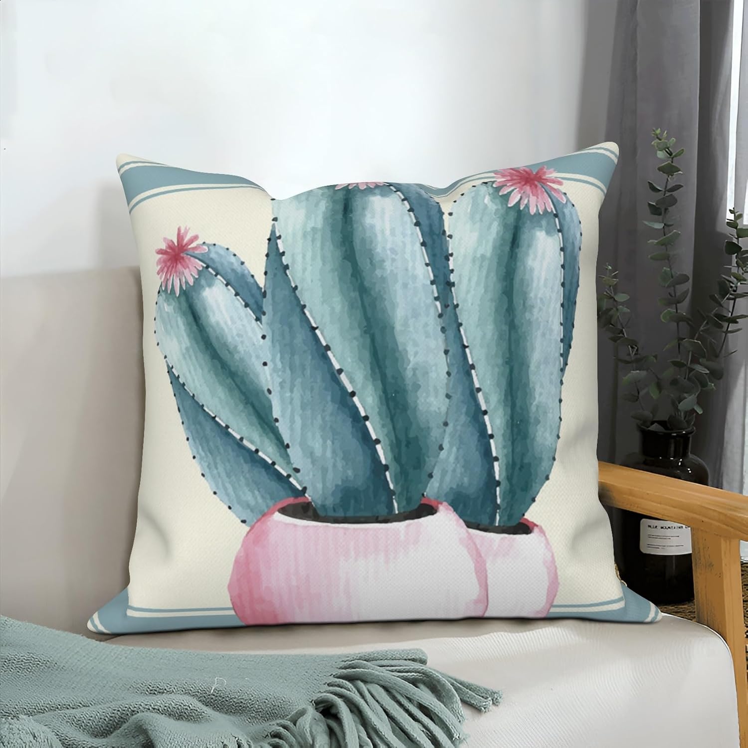 4 Pcs/Set Green Cactus Pillow Covers Summer Floral Pink Flowers Plants Linen Throw Pillow Covers for Sofa Bedroom Outdoor, 18"x18"