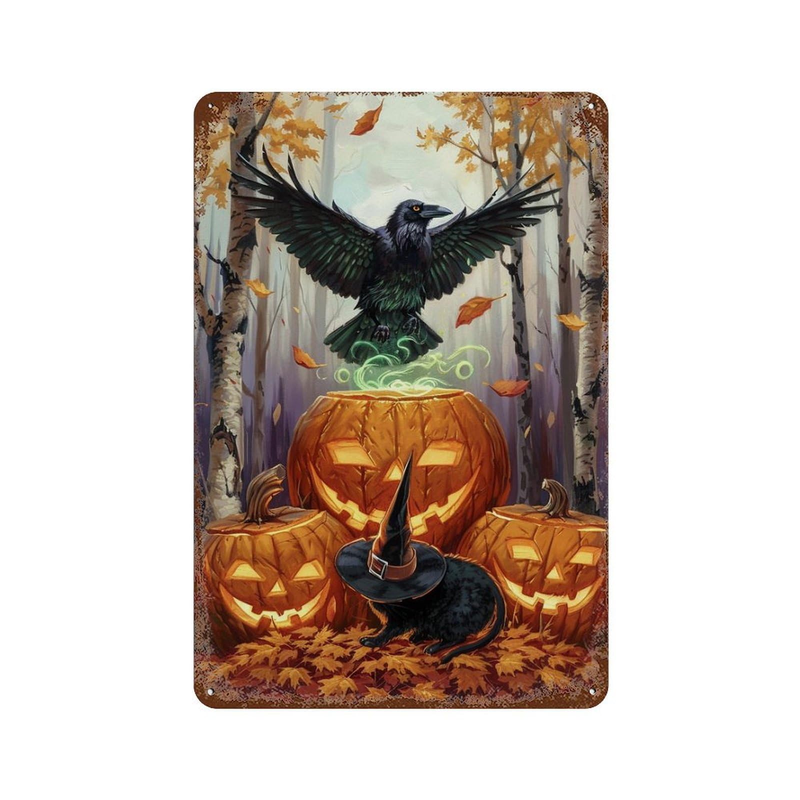Halloween Forest Scene Retro Metal Sign 11.8"x7.9", Novelty Wall Decor for Farmhouse, Kitchen And Entryway Decor