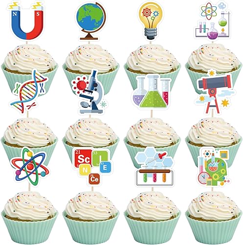 Whaline 48 piezas de decoración de cupcakes de fiesta de ciencia de dibujos animados para cupcakes postres, decoración de cupcakes para baby shower,