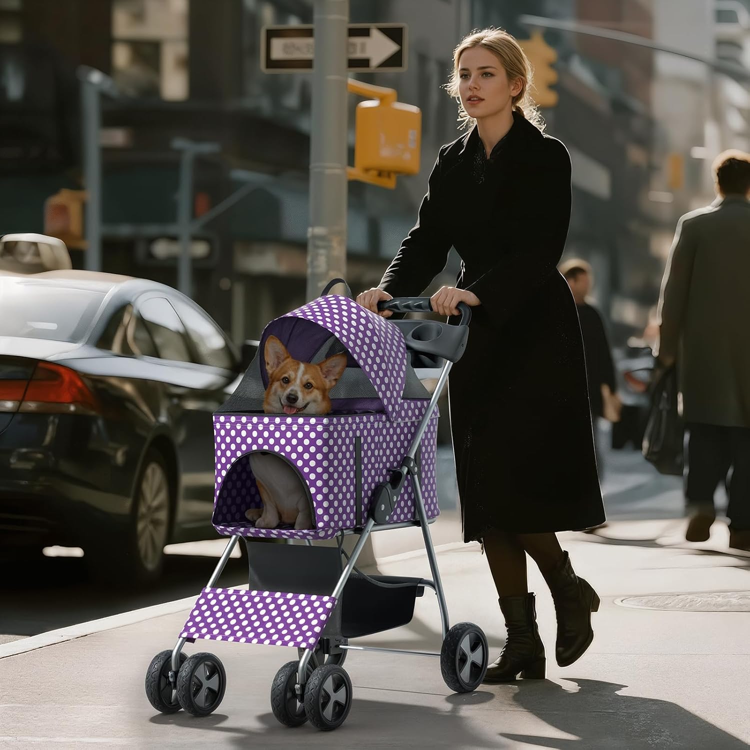 3-in-1 Visible Foldable Pet Detachable Carrier, Car Seat and Stroller with Push Button Entry for Small Pets, Cat Dog Stroller for Medium Dogs Cats Load Up to 33 lbs, Purple Polka Dots