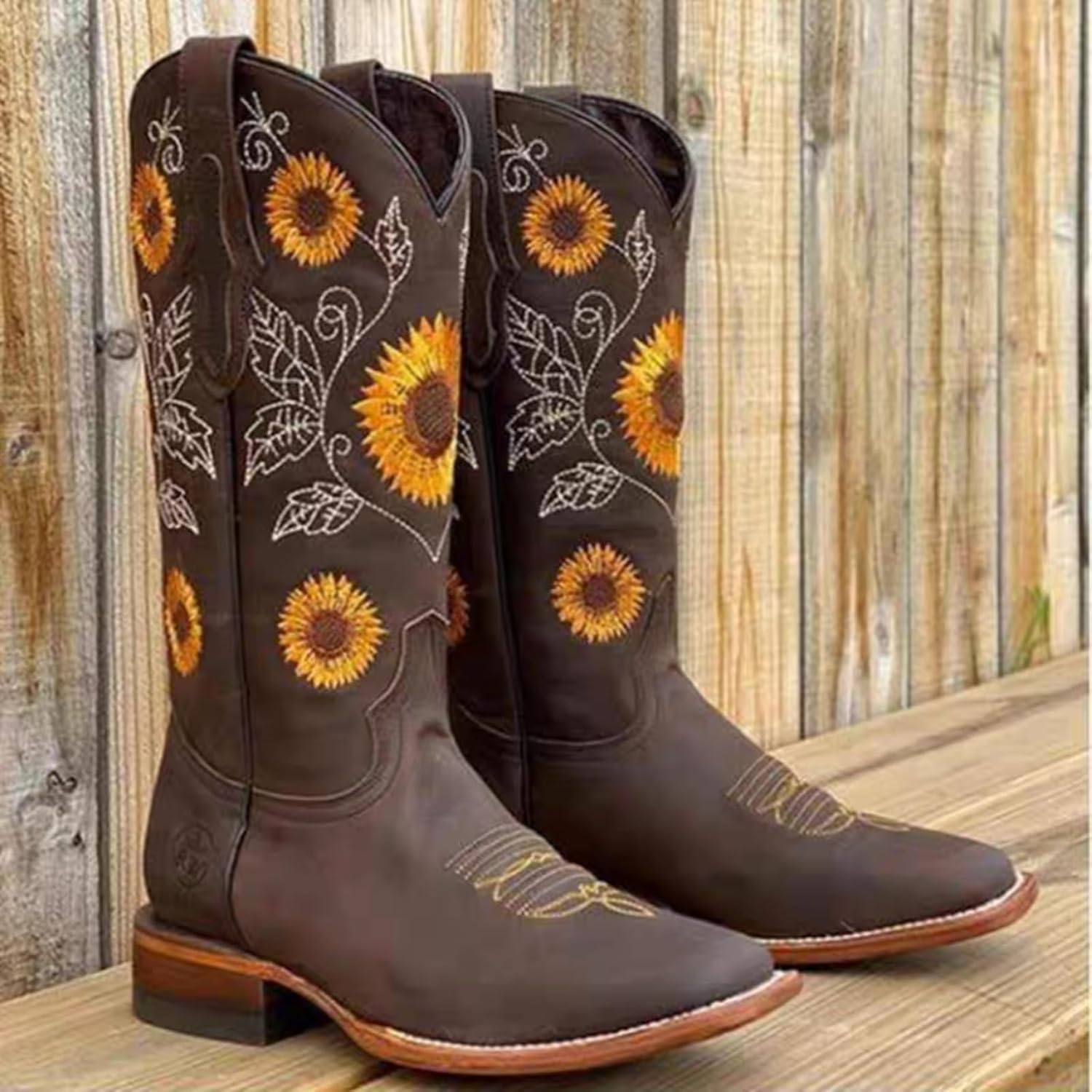 Womens Sunflower Embroidered Low Chunky Heel Mid Calf Boots Fashion Square Toe Pull On Cowboy Cowgirl Boots Winter Walking Western Boots
