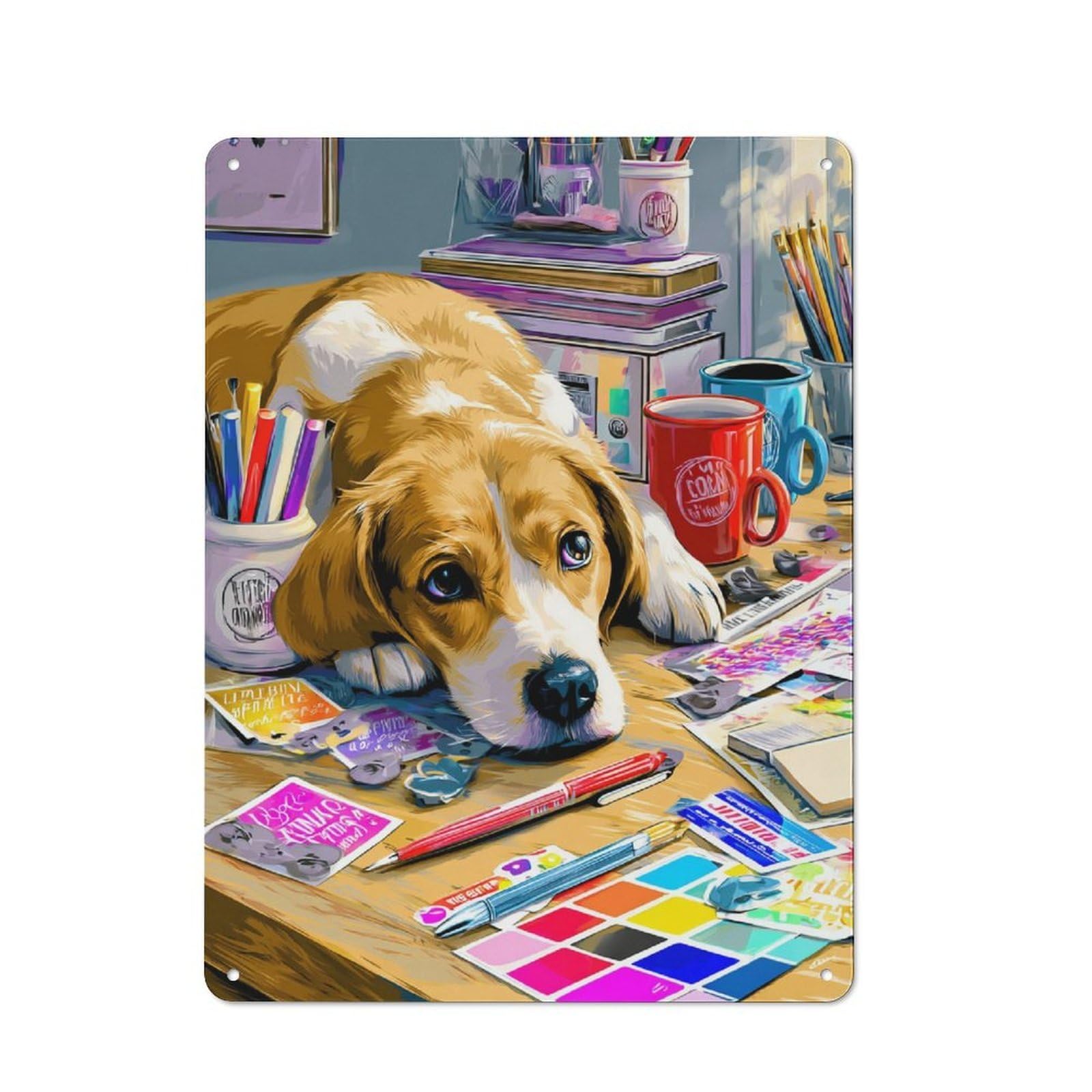 Junmoney Creative Desk With Dog Metal Plaque With Design 40X30cm, Cosy Diner Style Decor For Coffee Bar, Kitchen, Bistro Or Tea Corner