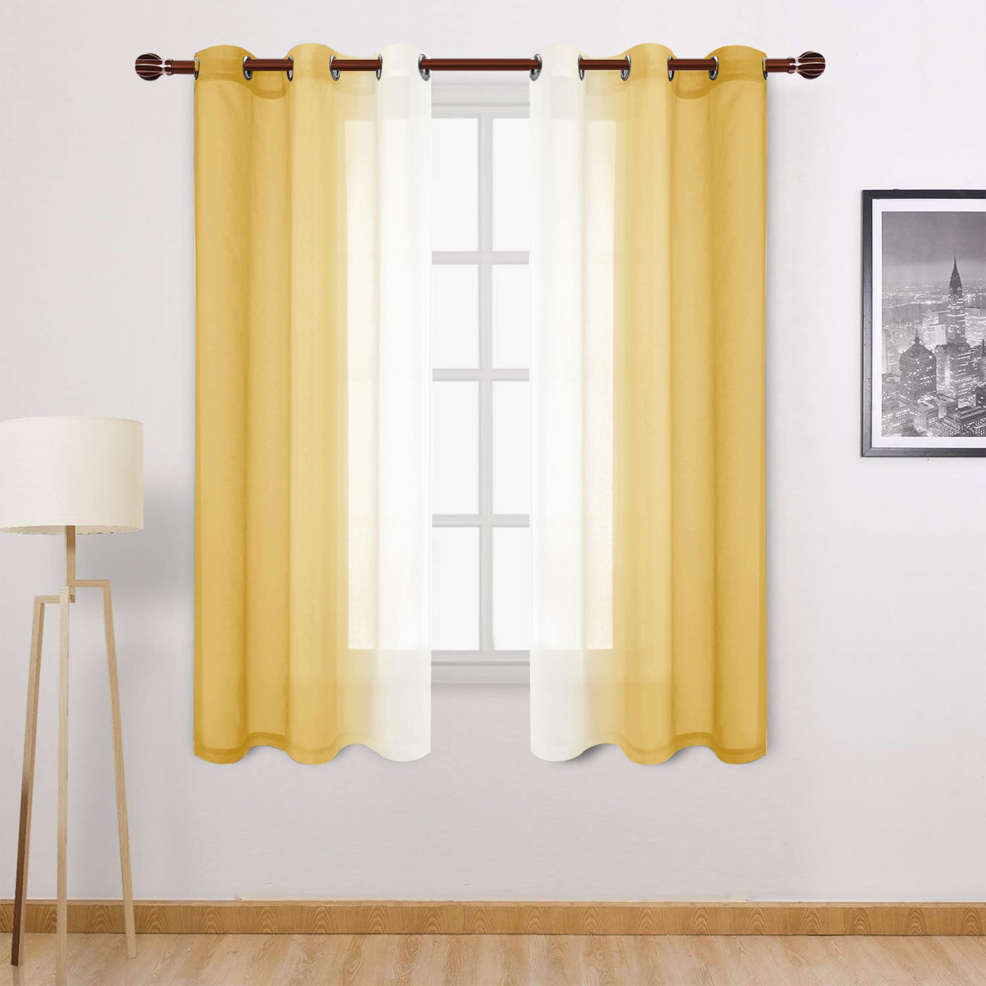DWCN Ombre Sheer Curtains - 63 inches Faux Linen Semi Voile Gradient Light-Filtering Bedroom and Living Room Curtains, Set of 2 Grommet Top Window Drape Panels, 42 x 63 Inch Length, Mustard Yellow โ image 1