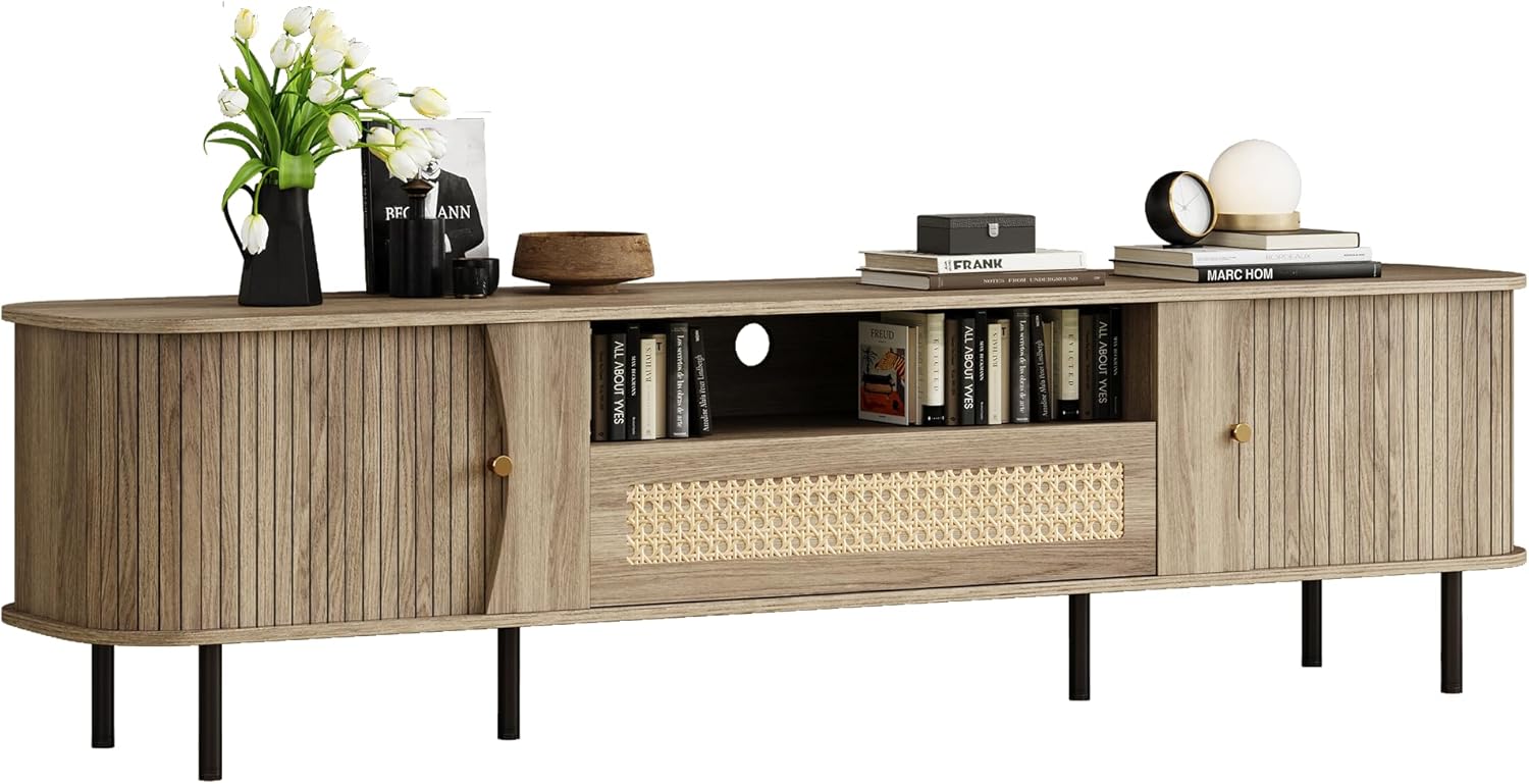 Fluted TV Stand - Modern Wooden Freestanding Home Entertainment Console, 75" TV Stand with 2 Storage, 2 Shelves-Curved Round Edge TV and Media Console Table Length 78.8 inches Oak 78.8inchees Oak