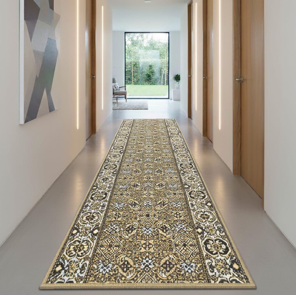 Alfombra clásica beige elegante de 67x400 cm con acabado textil superior