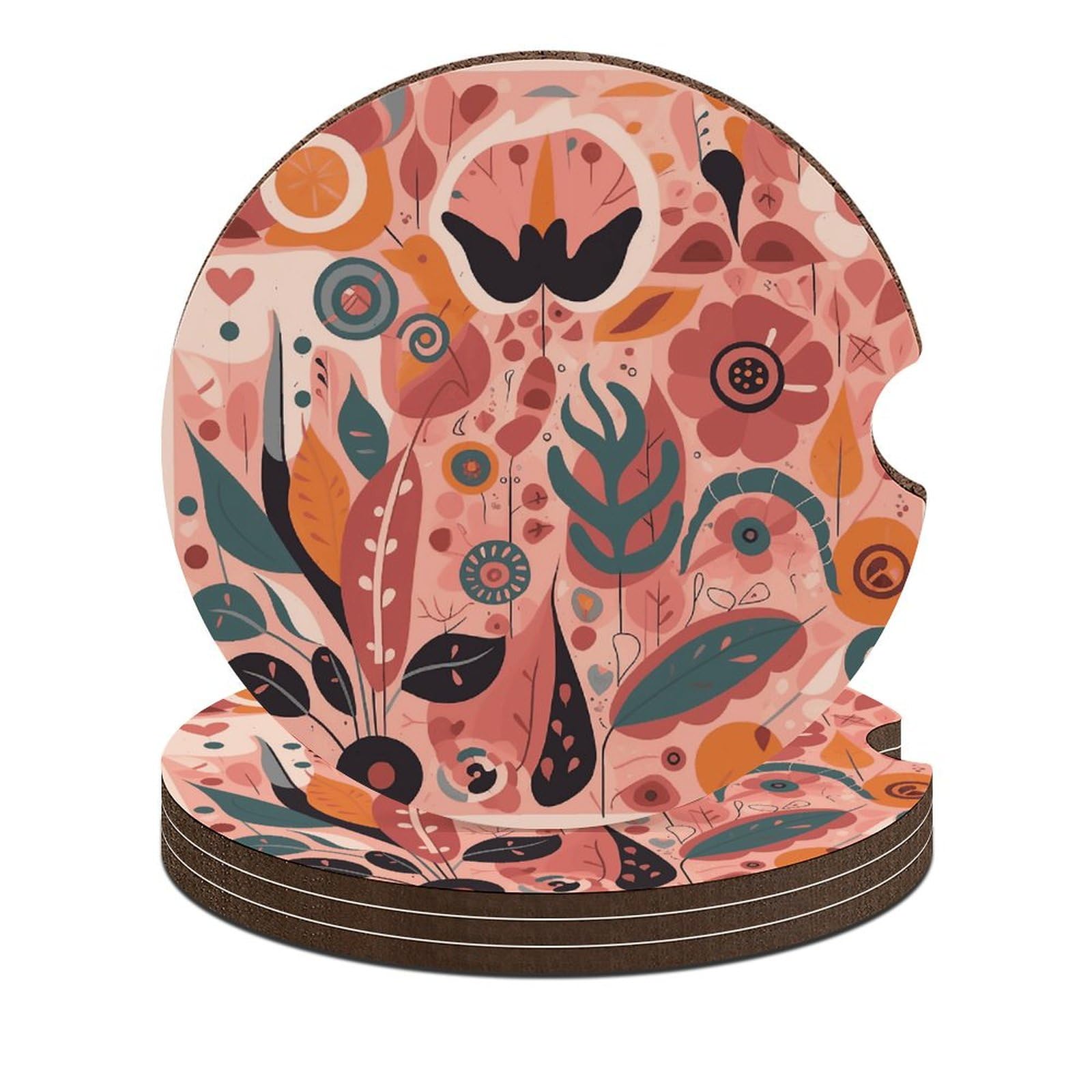 4 PCS Car Cup Holder Coasters Plant Elements Pattern Non-Slip Car Coasters Car Interior Accessories for Women Men