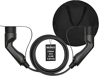 DELTACO Typ 2 EV-Ladekabel für E-Autos & Hybrid Fahrzeuge inkl. Tasche, Elektroauto Charge Mennekes Kabel, Kompatibel mit ID.3, ID.4, Zoe, E-Tron, Model S/3/X/Y, Leaf, 3-phasig, 16A | 11kW, 3 Meter