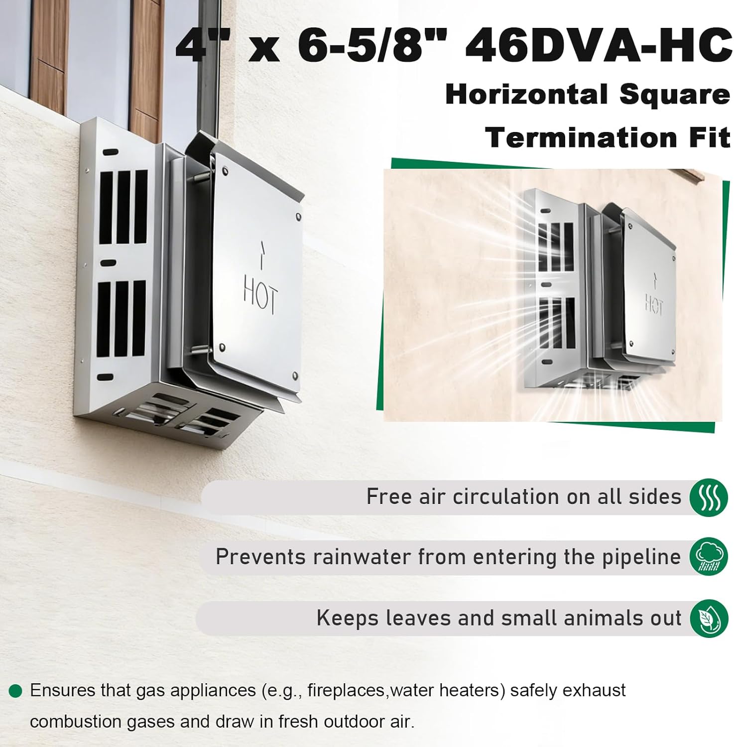 46DVA-HC Horizontal Square Termination Cap, 4" x 6 5/8" Direct Vent - for Direct Vent Gas Stoves or Fireplaces, Twist Lock Construction