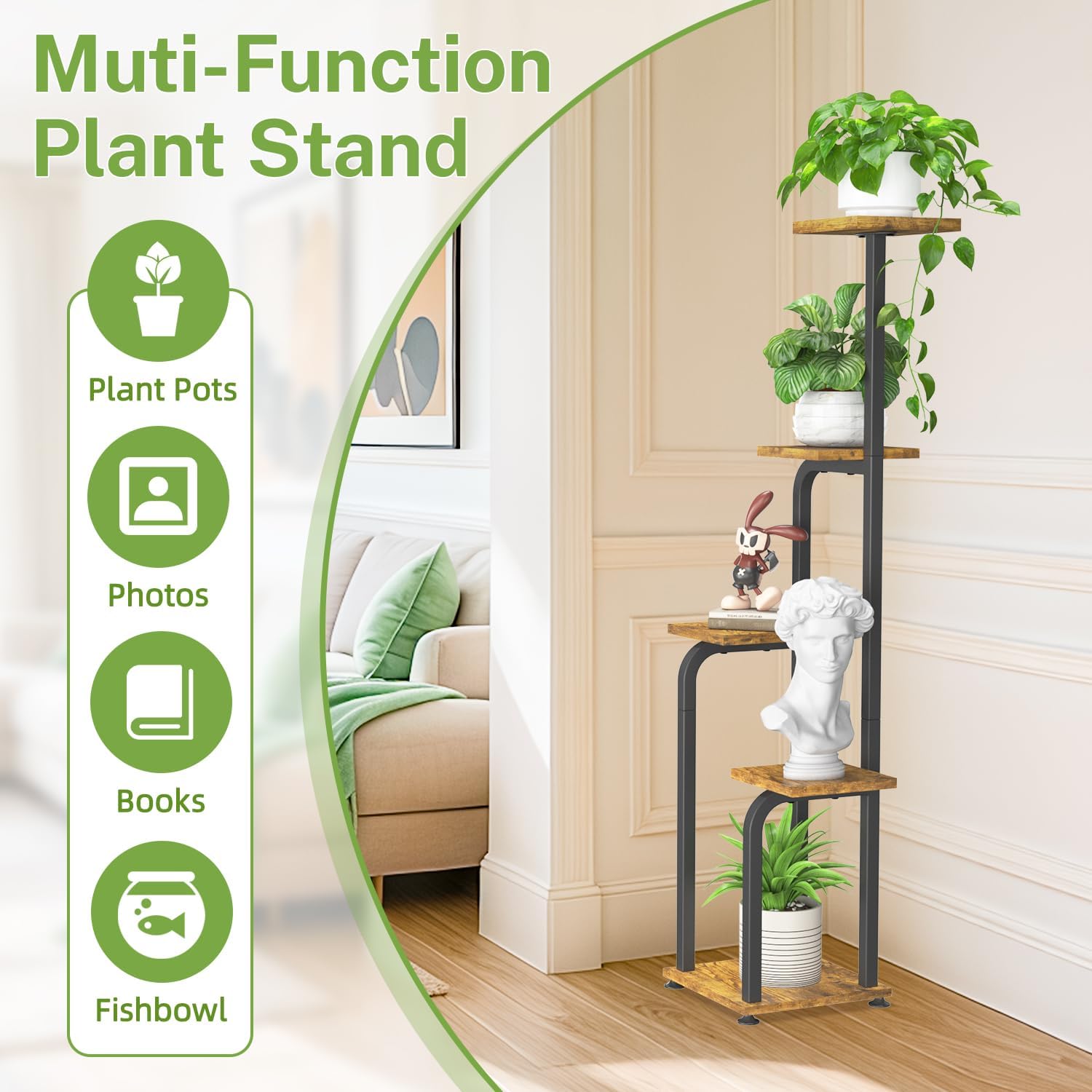 iDavosic.ly Tall Plant Stand Indoor, 4 Tier Corner Multiple Flower Holder Shelf with Wooden Trays, Space Saving Display Rack for Living Room Balcony Patio Porch Outdoor | Black & Brown